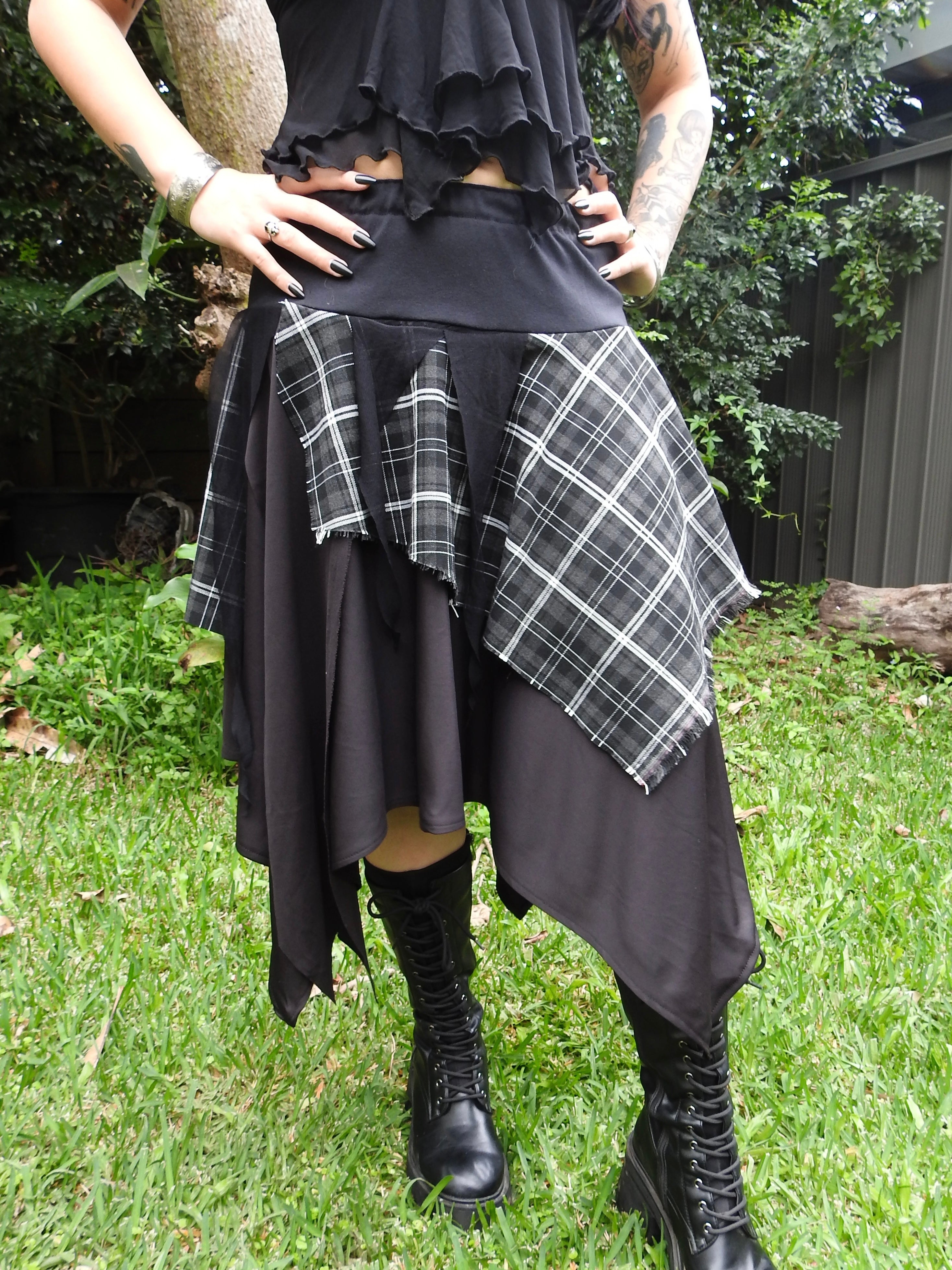 Twyla Skirt - Black Hanky Hem with Grey Tartan (size 14)