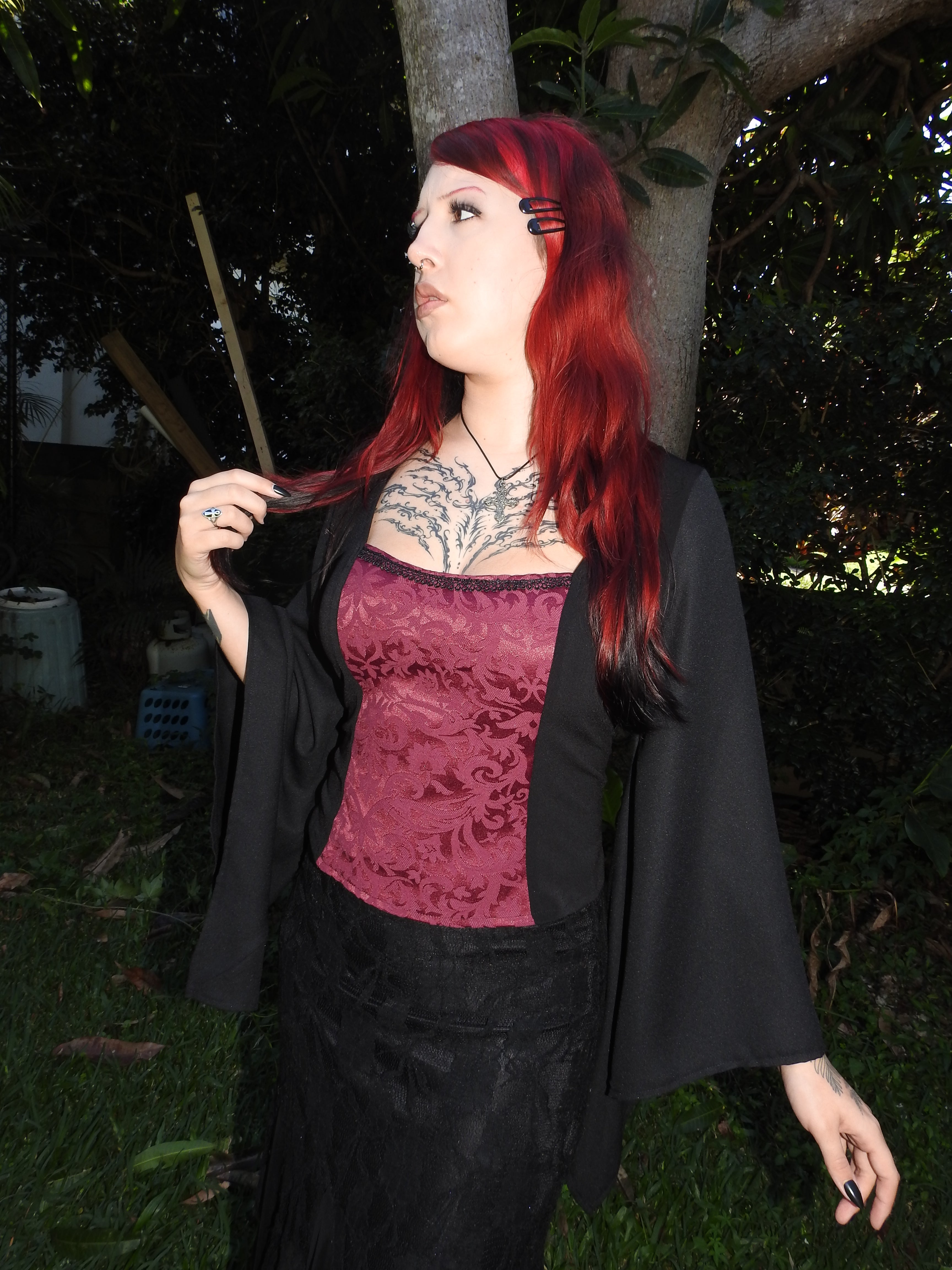 Lilith top - Black with Burgundy Brocade (Size 16-18)