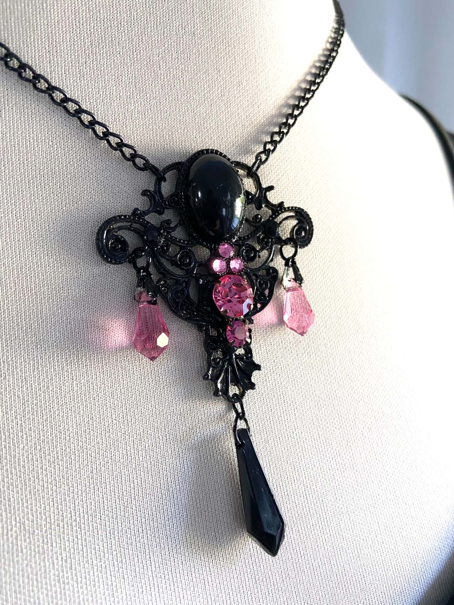 Black Necklace with Pink Crystals