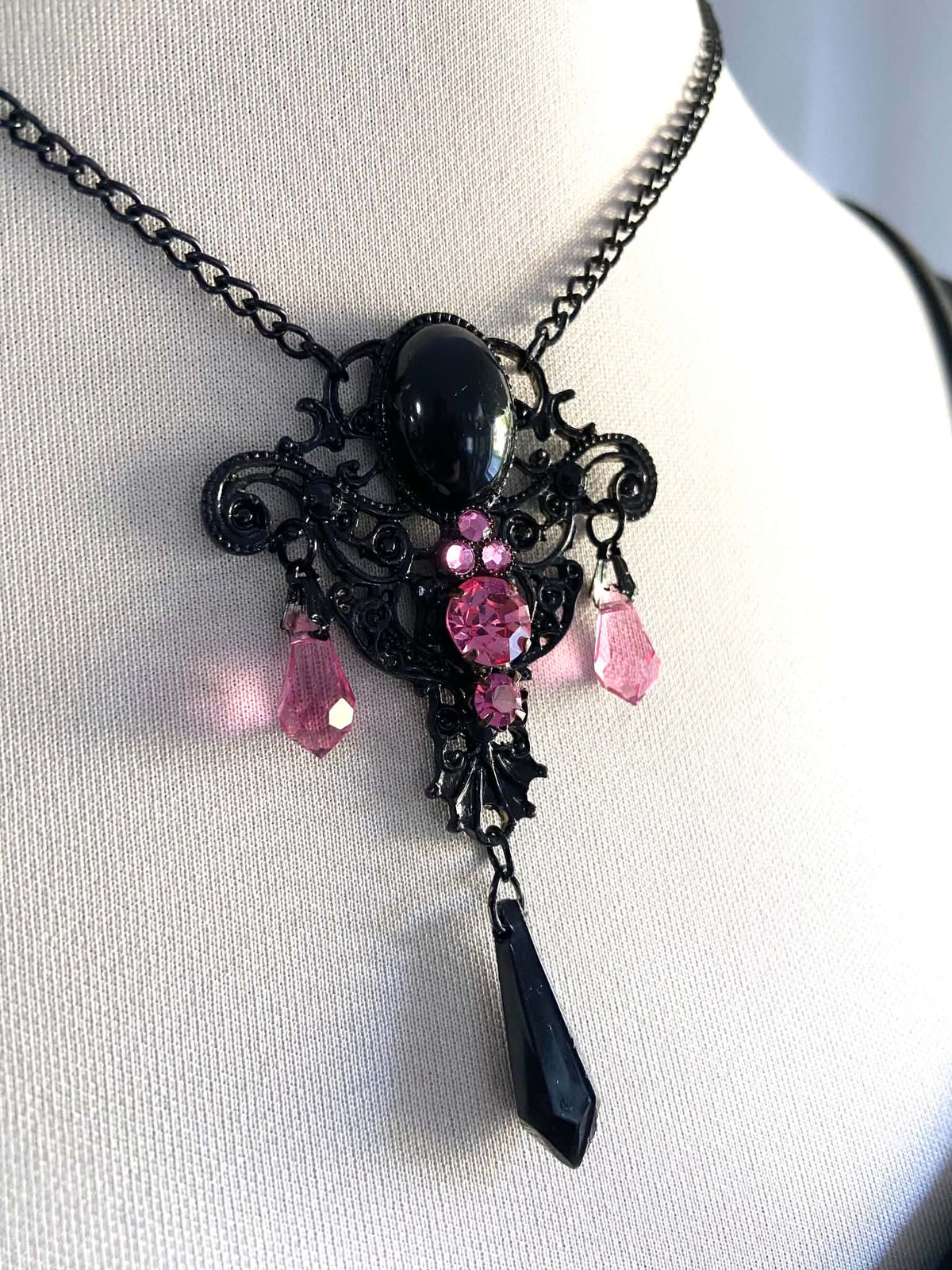 Black Necklace with Pink Crystals