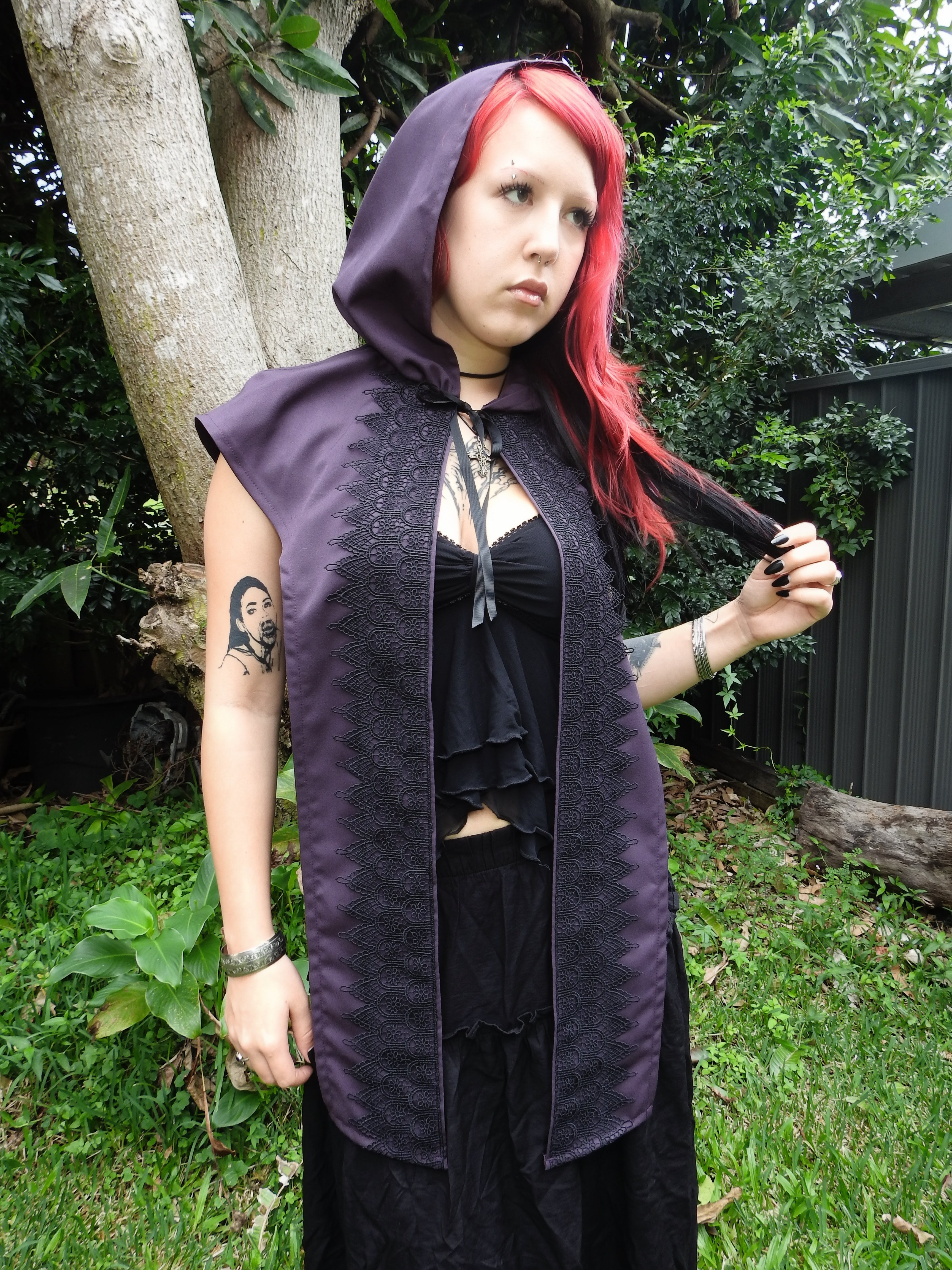 Purple Capelet with Black Lace Trim