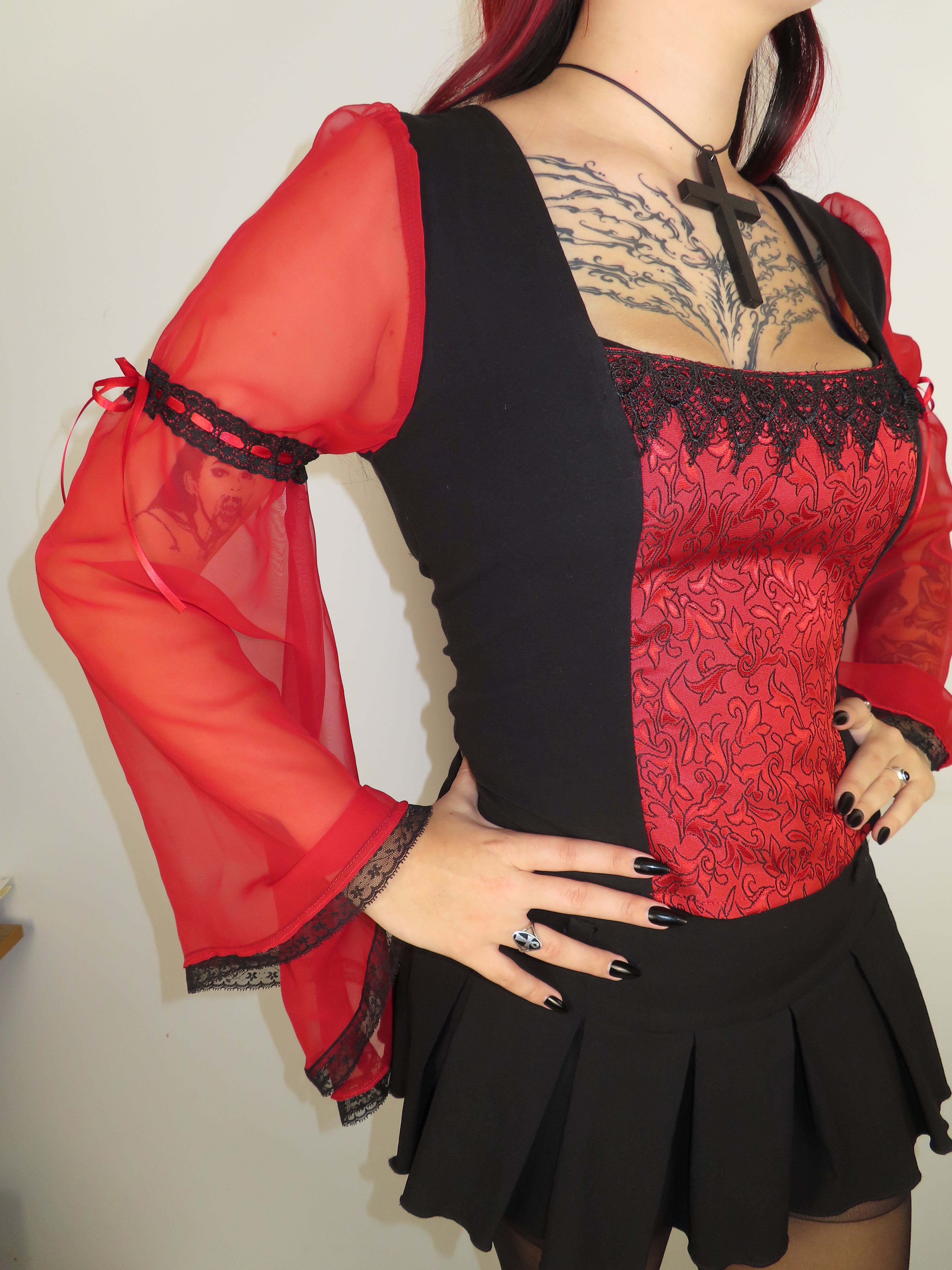 Lilith Top - Black with Red Brocade and Bell Sleeve (Size 16-18)