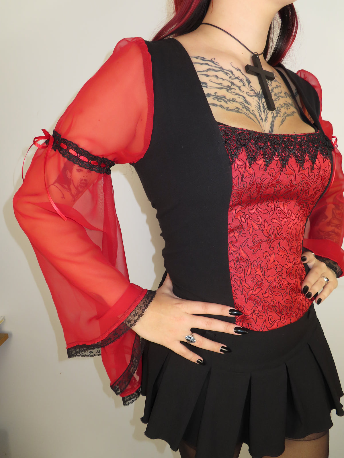 Lilith Top - Black with Red Brocade and Bell Sleeve (Size 16-18)