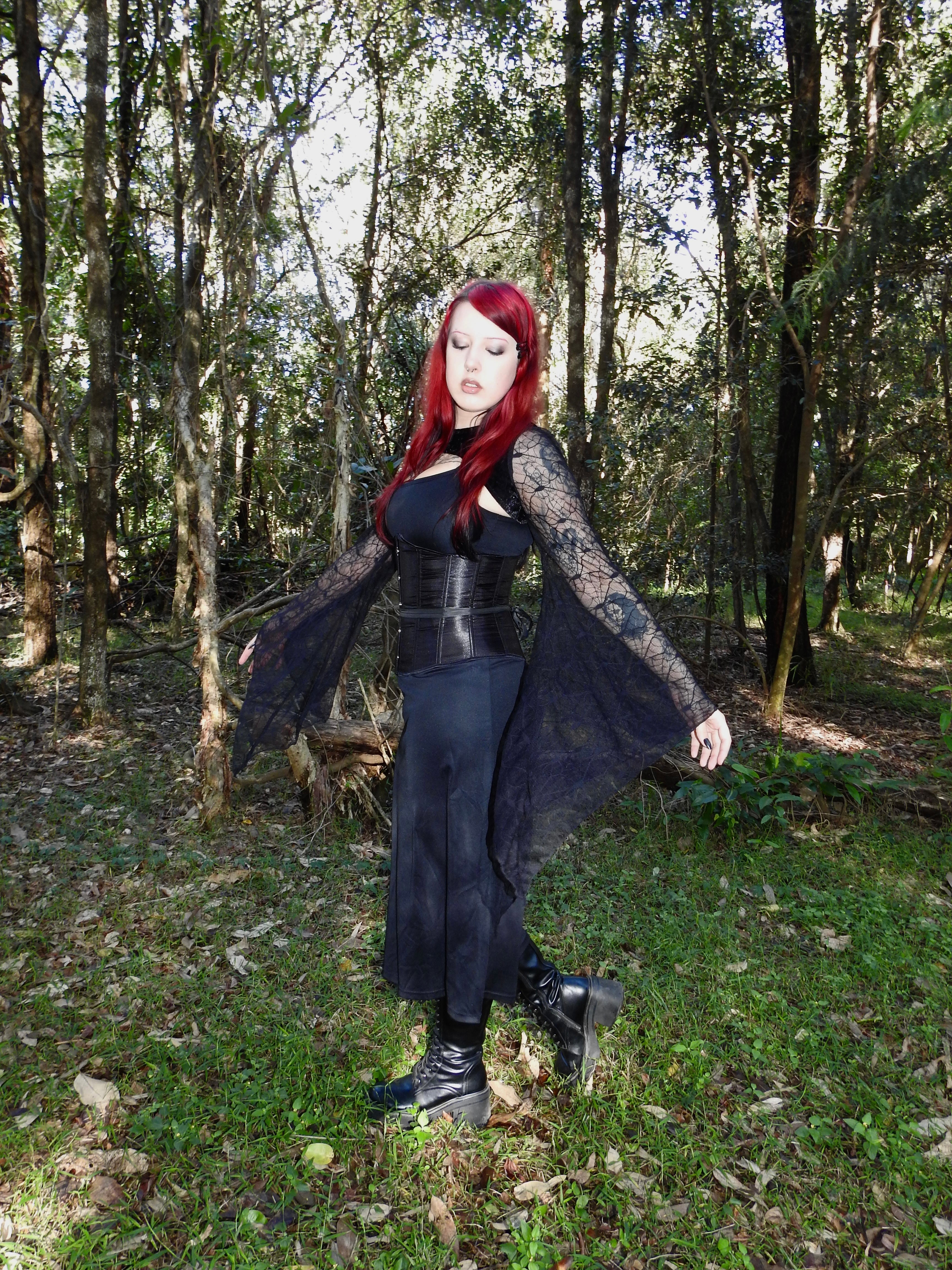 Lucinda Bolero Top - Black Velour with Spiderweb Sleeves (M)