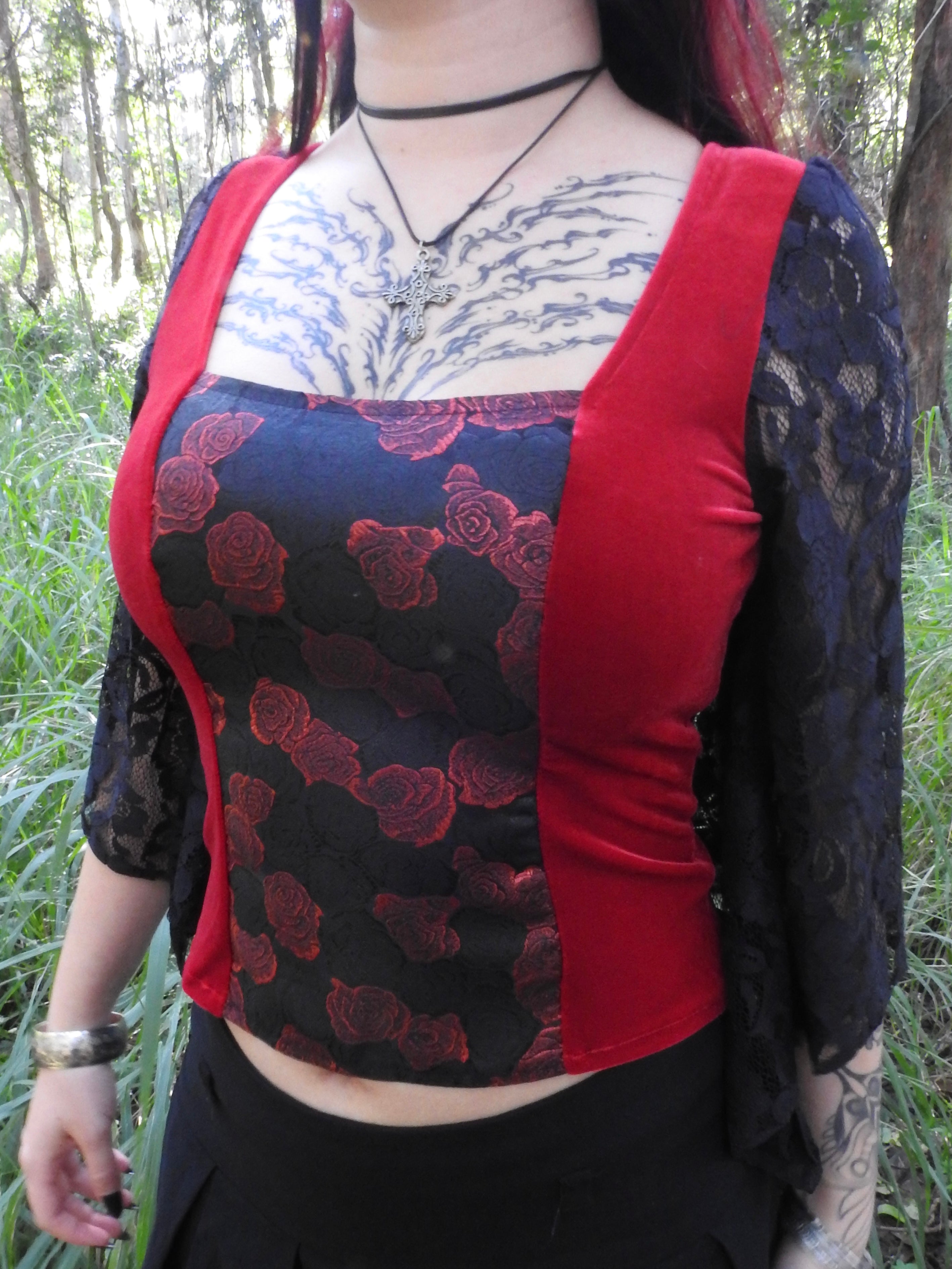 Lilith Top - Dark Red Velour with Black Lace Sleeves (size 12)