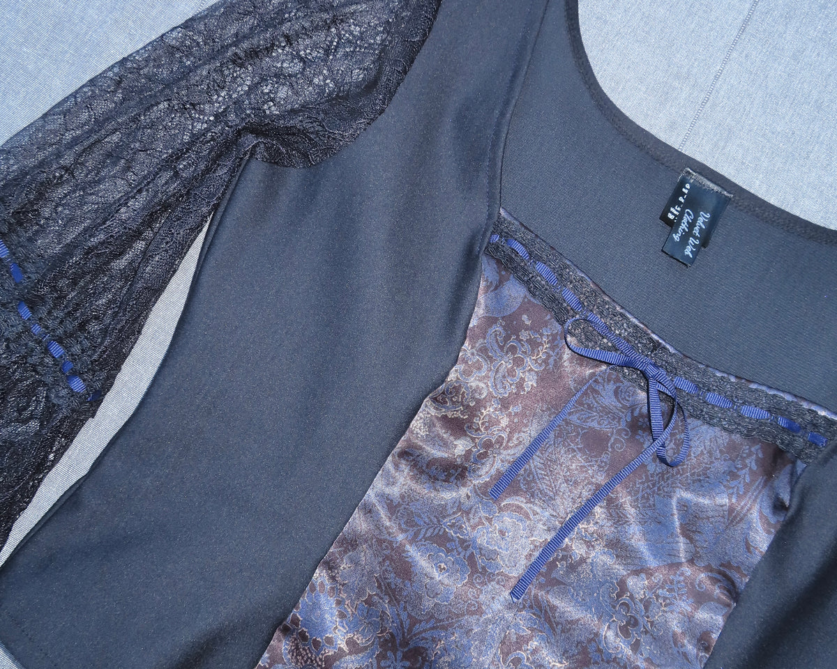 Lilith Top - Black with Baroque Print and Lace Sleeves (Size 14-16)