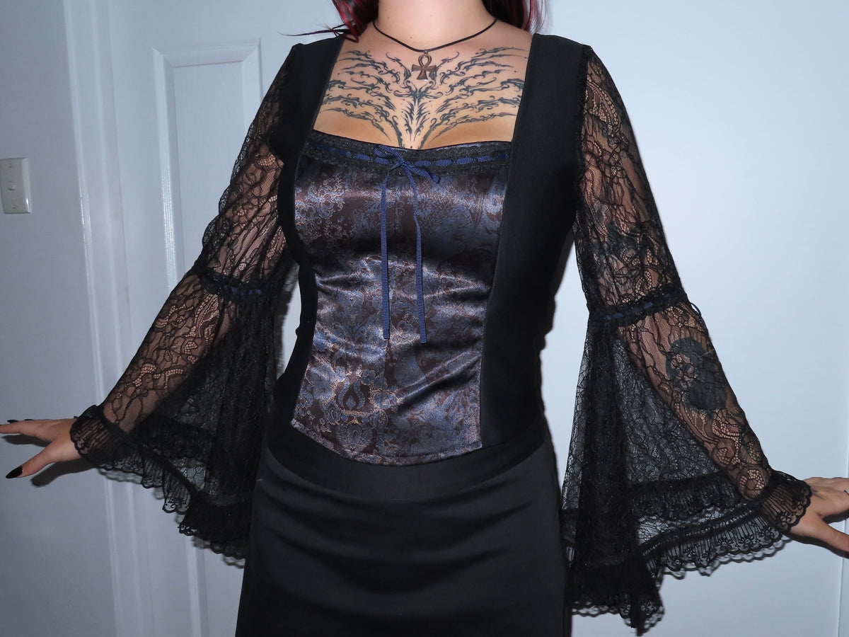 Lilith Top - Black with Baroque Print and Lace Sleeves (Size 14-16)