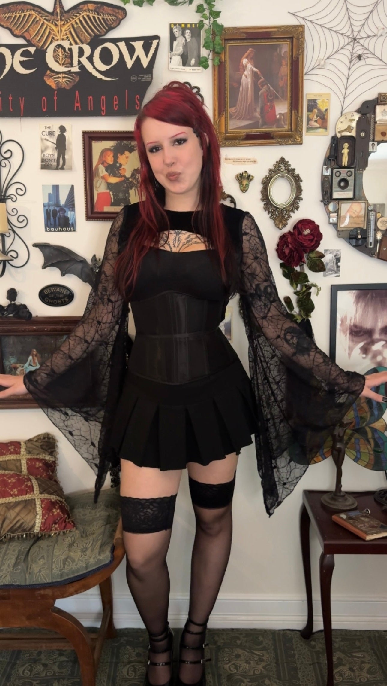 Lucinda Bolero Top - Black Velour with Spiderweb Sleeves (M)