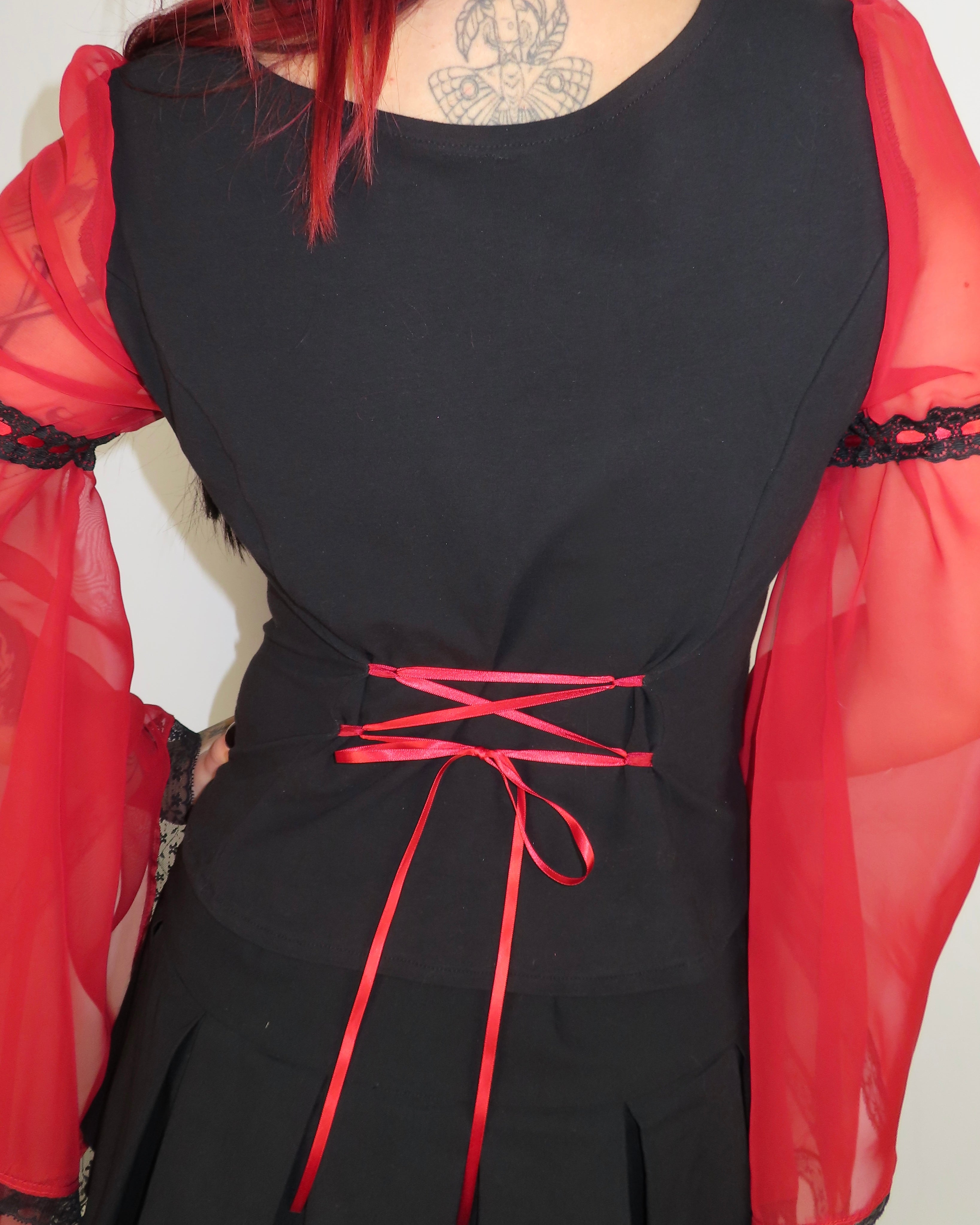 Lilith Top - Black with Red Brocade and Bell Sleeve (Size 16-18)