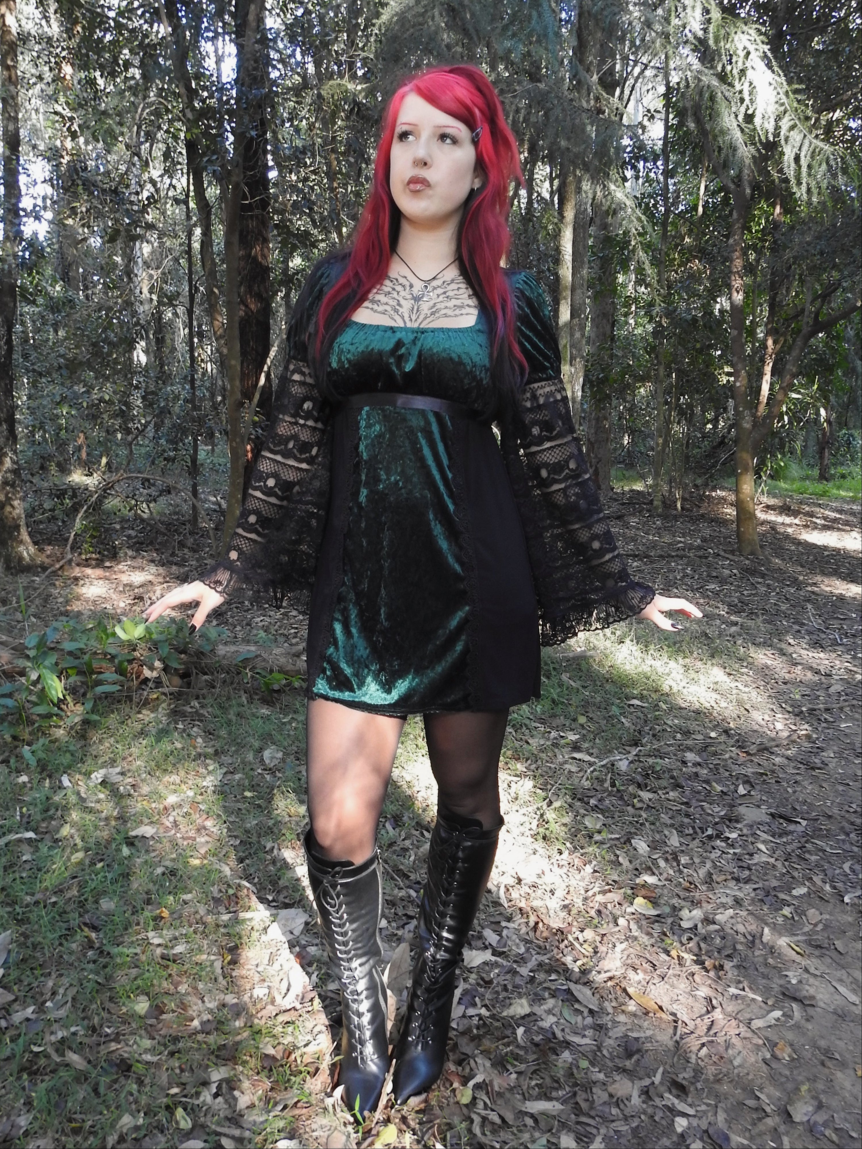 Adeline Dress - Emerald Velour with Lace Sleeves (size 12-14)