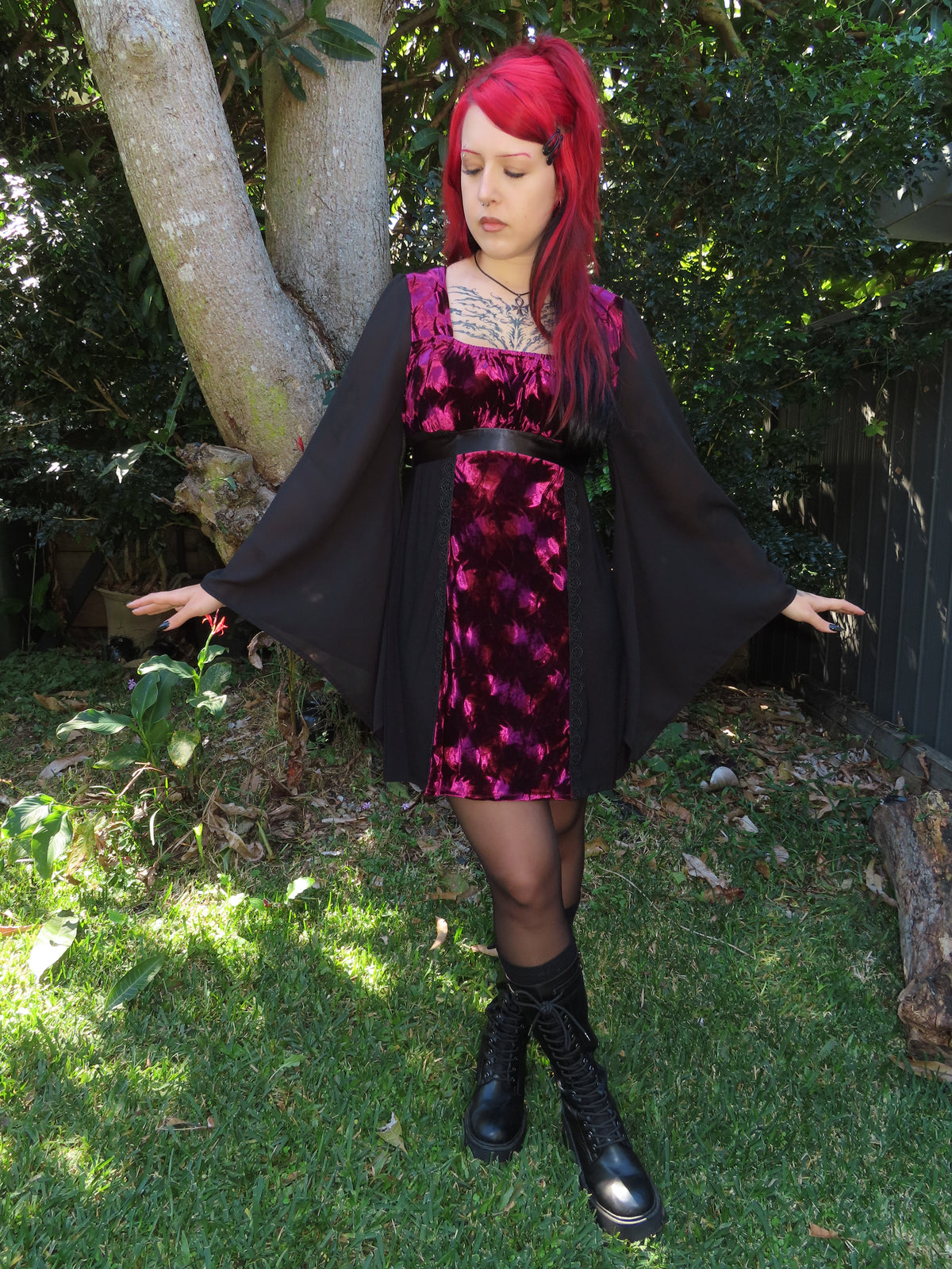 Adeline Dress - Wine-colour Crushed Velour (size 16-18)
