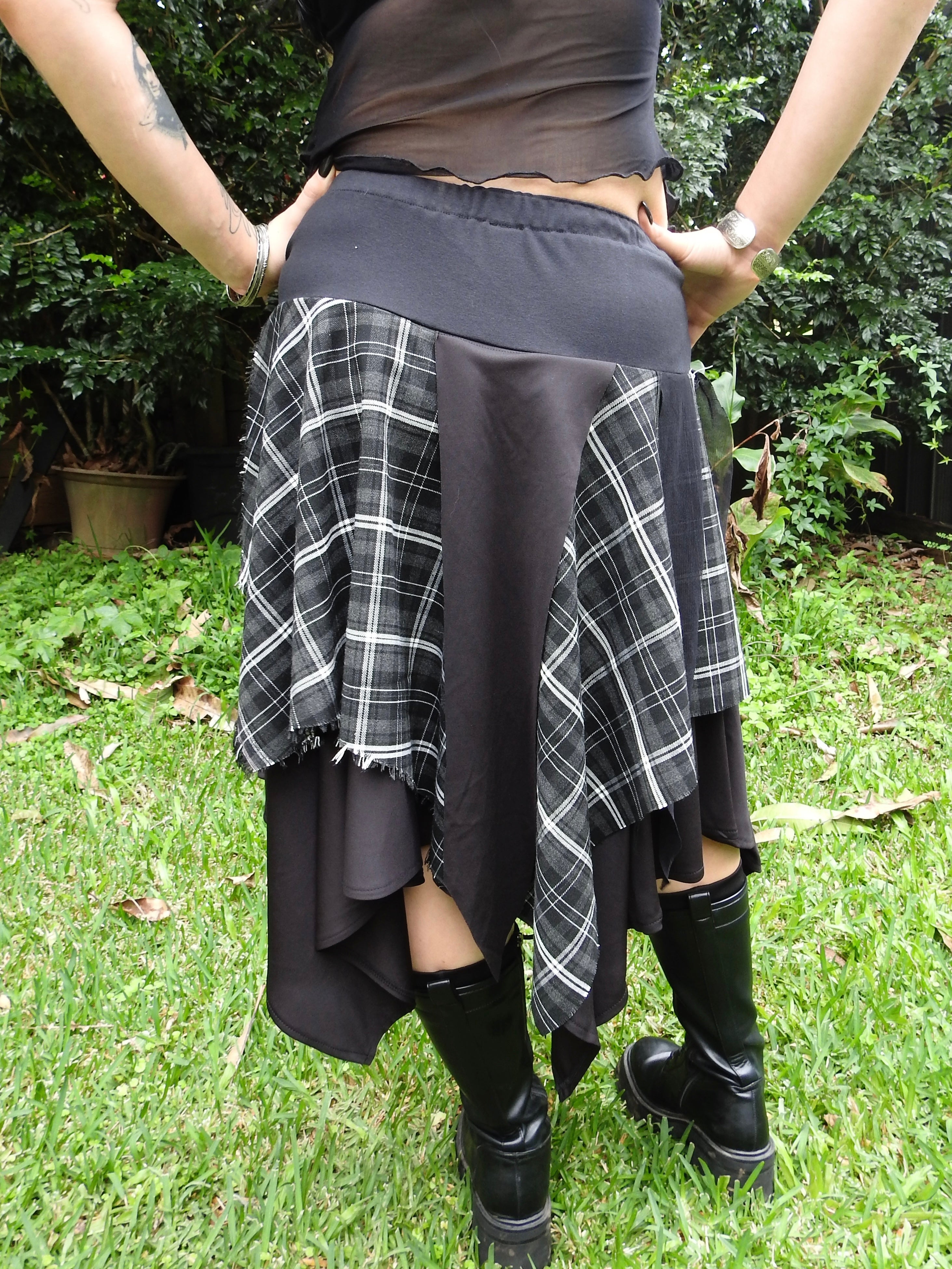 Twyla Skirt - Black Hanky Hem with Grey Tartan (size 14)