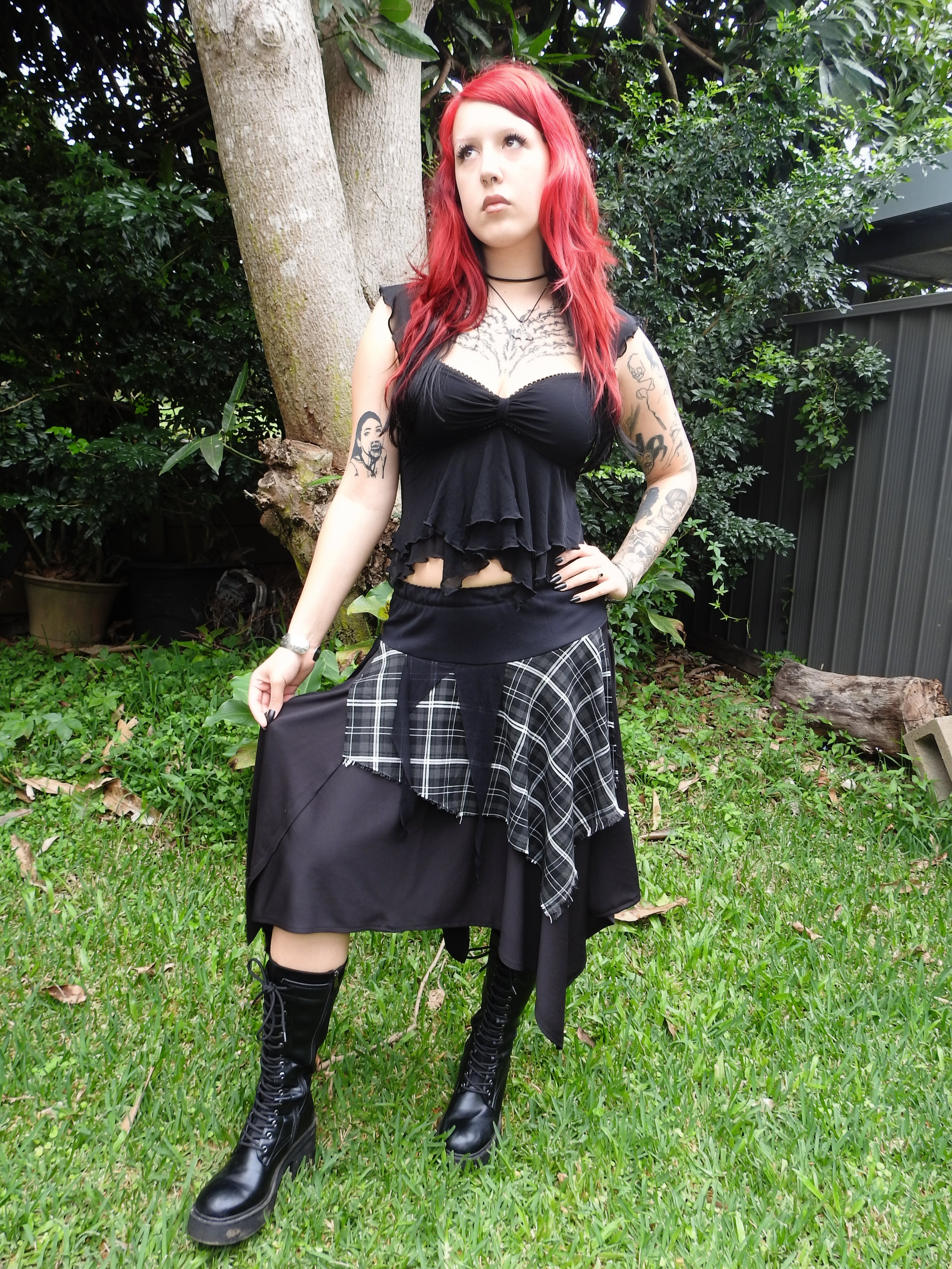 Twyla Skirt - Black Hanky Hem with Grey Tartan (size 14)