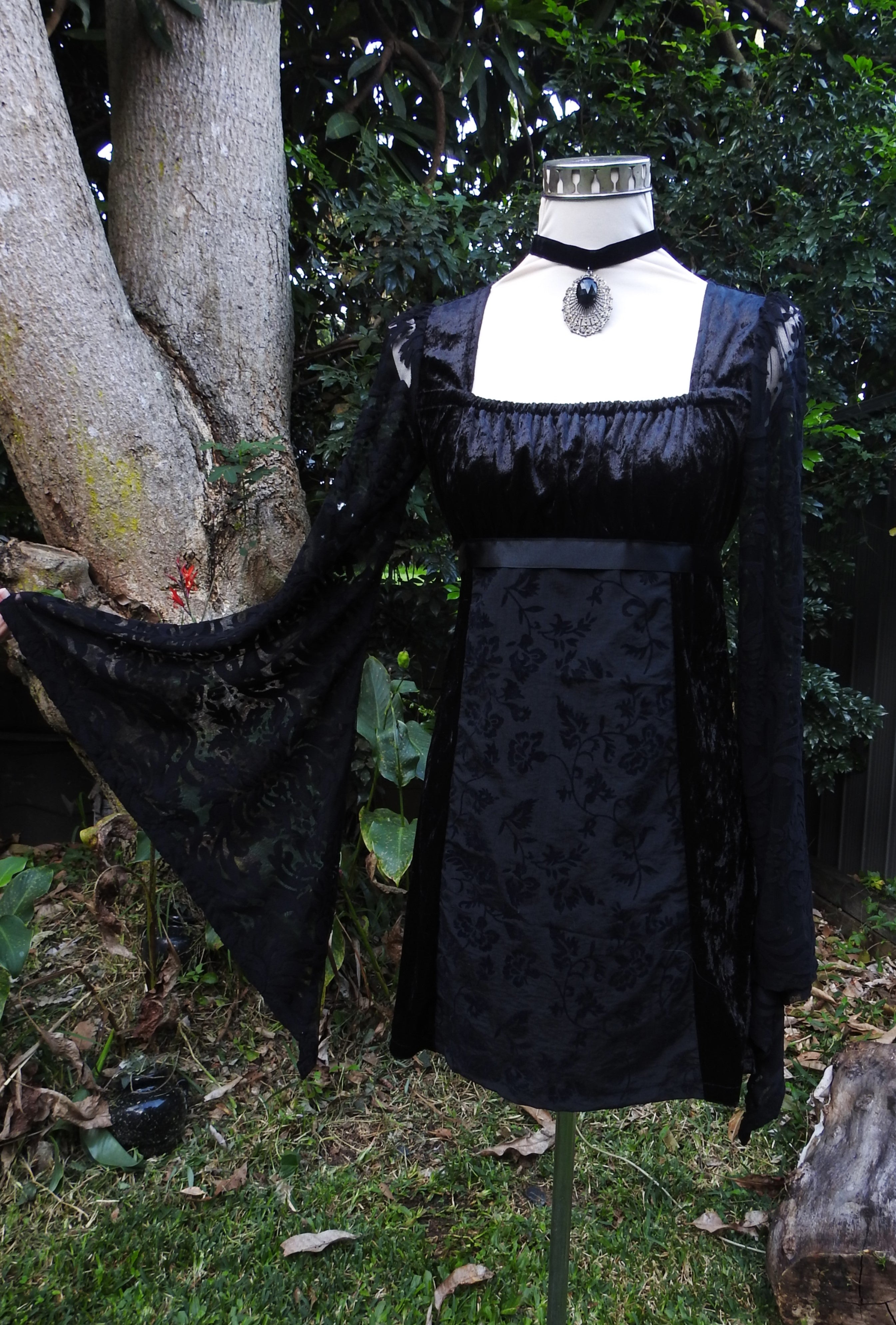 Adeline Dress - Black Velour with Lace Sleeves (size 8-10)