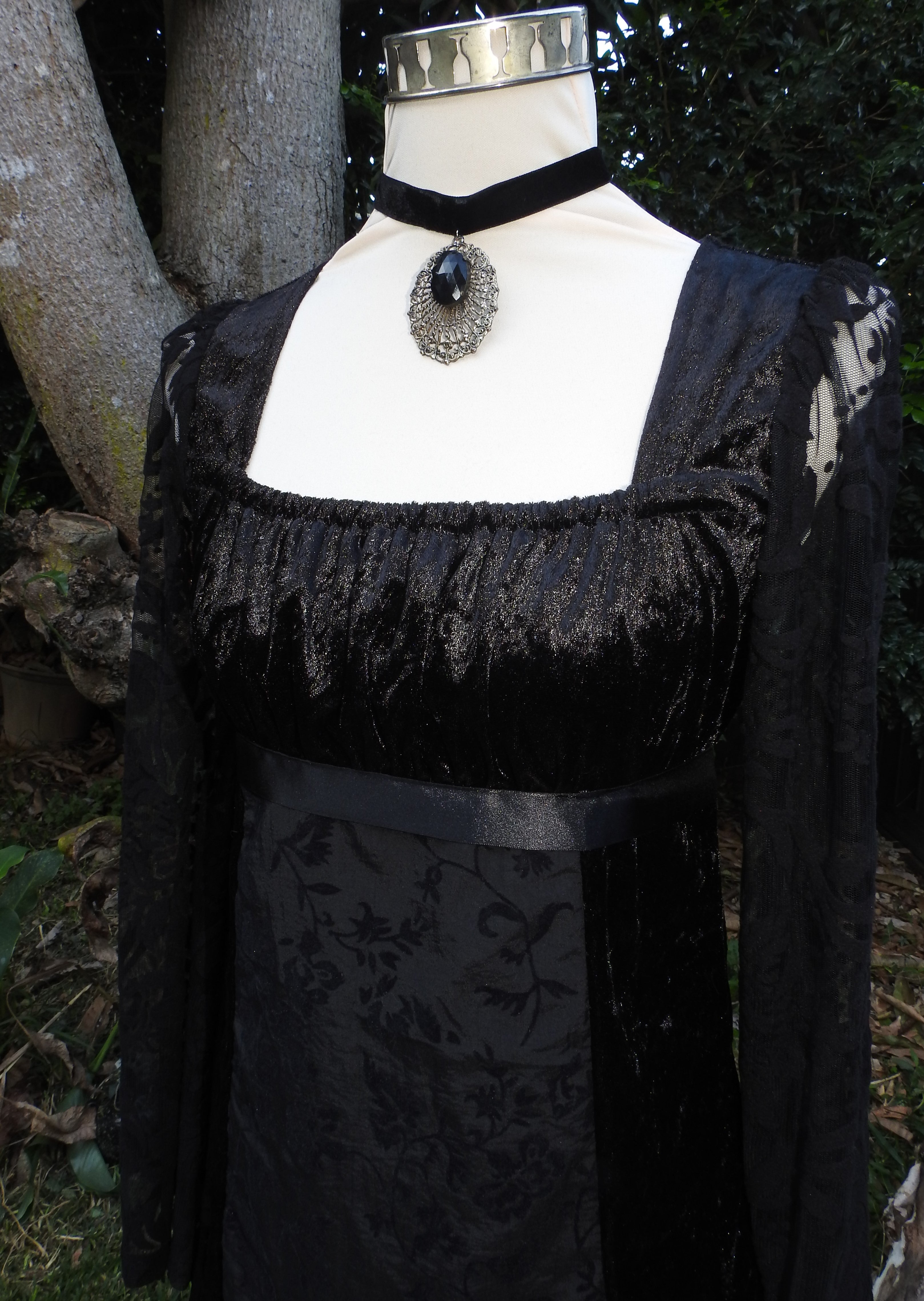 Adeline Dress - Black Velour with Lace Sleeves (size 8-10)
