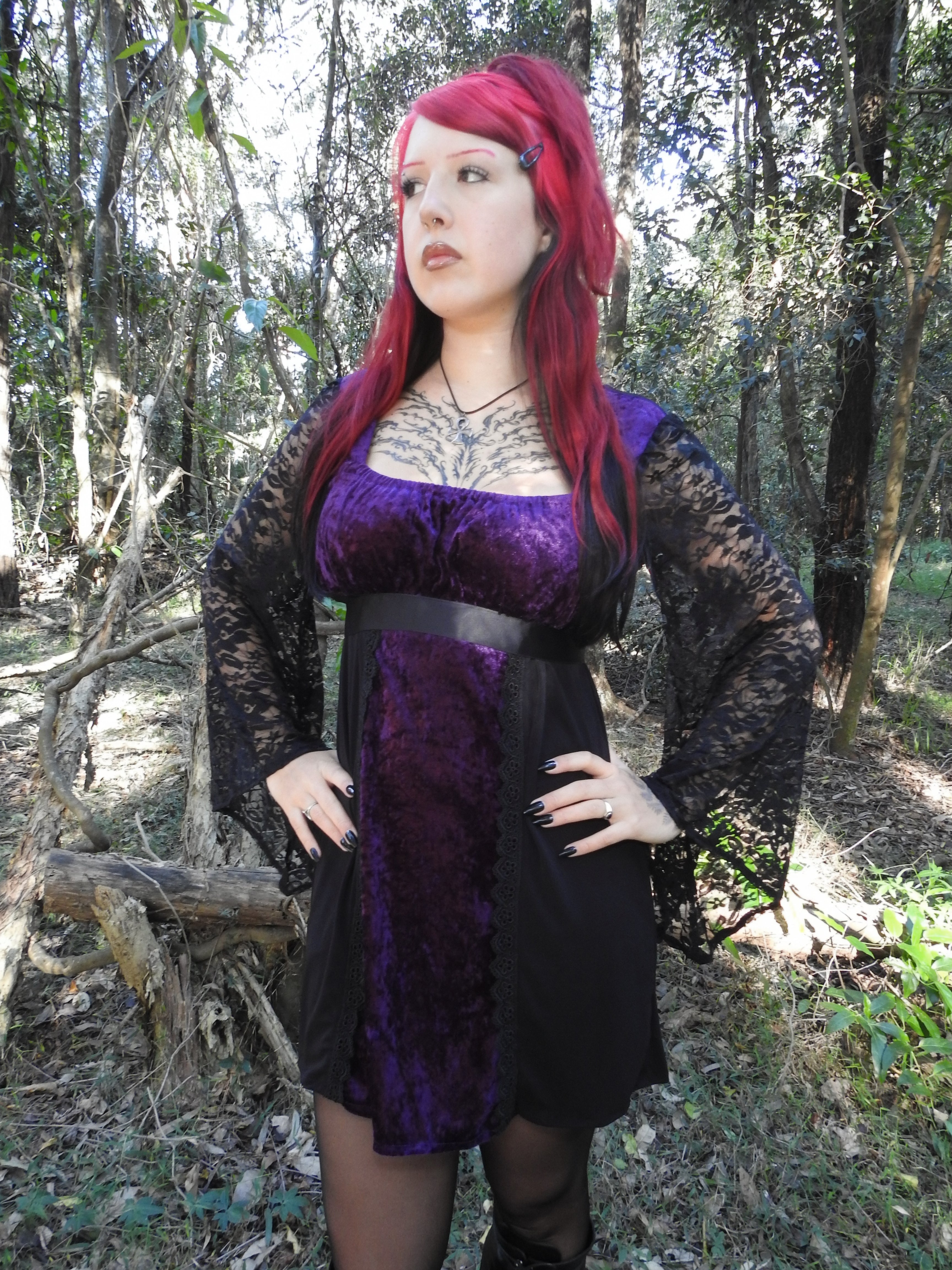 Adeline Dress - Purple Velour with Lace Sleeves (size 16-18)