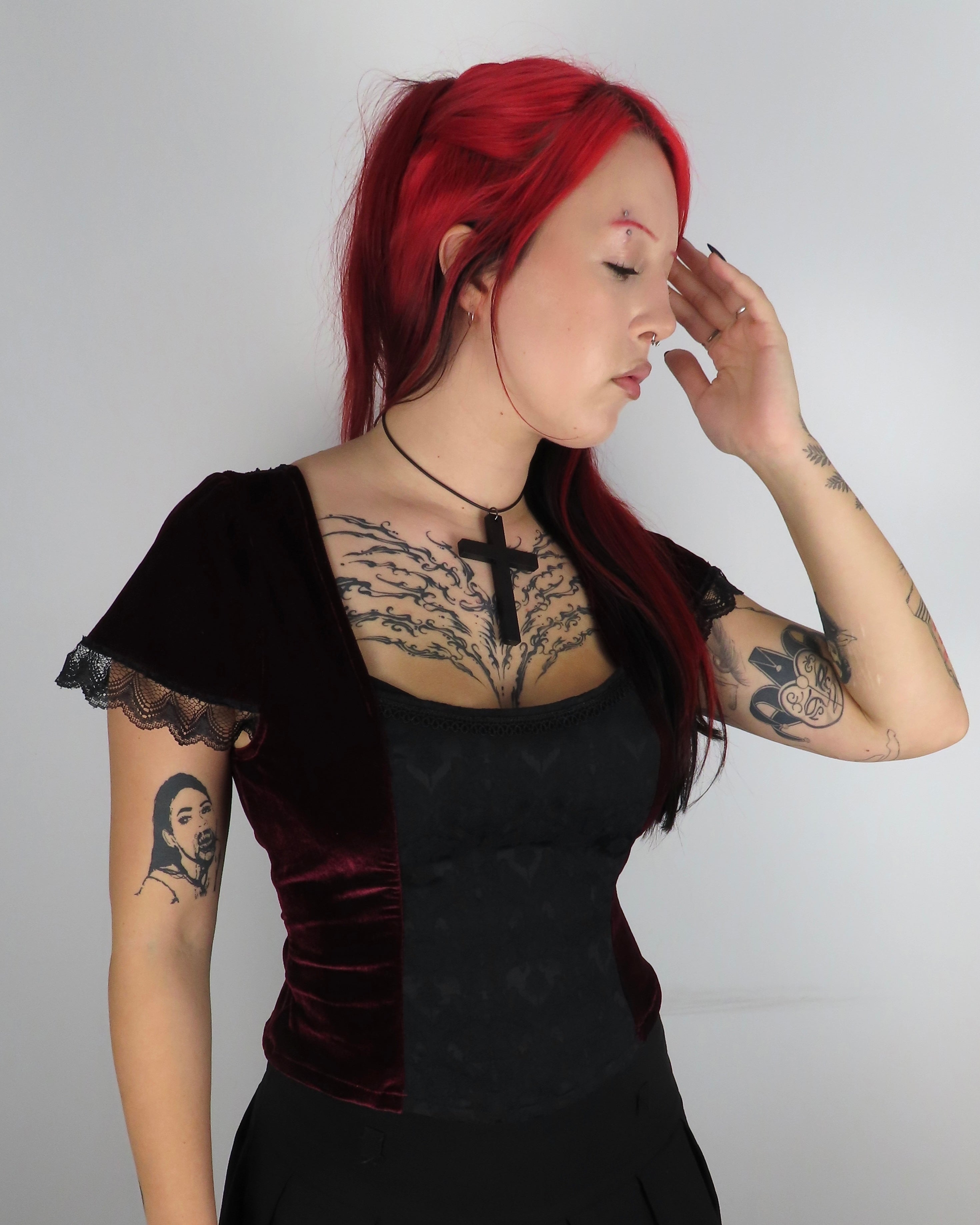 Lilith Top - Burgundy Velour with Black Brocade (size 14)