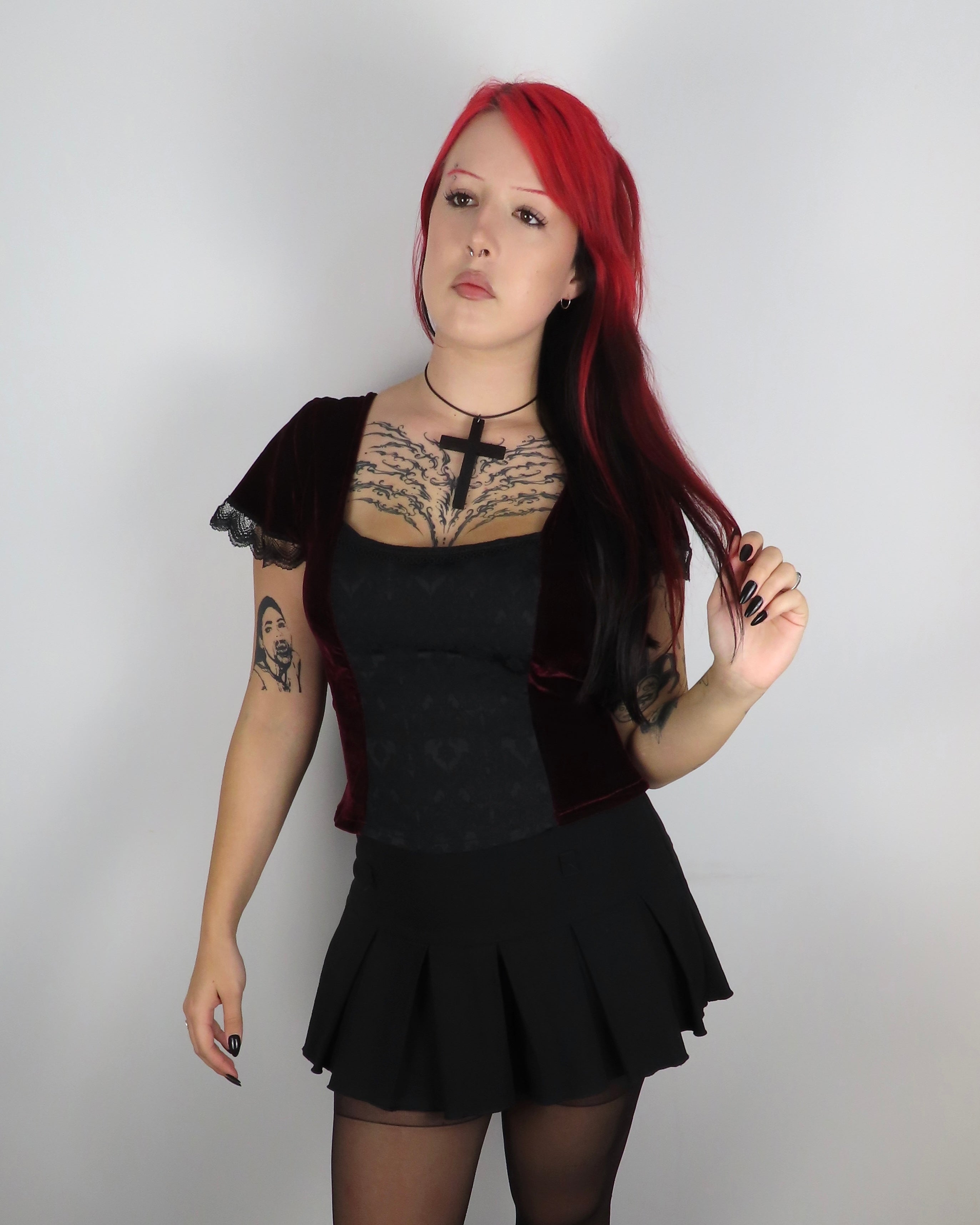 Lilith Top - Burgundy Velour with Black Brocade (size 14)