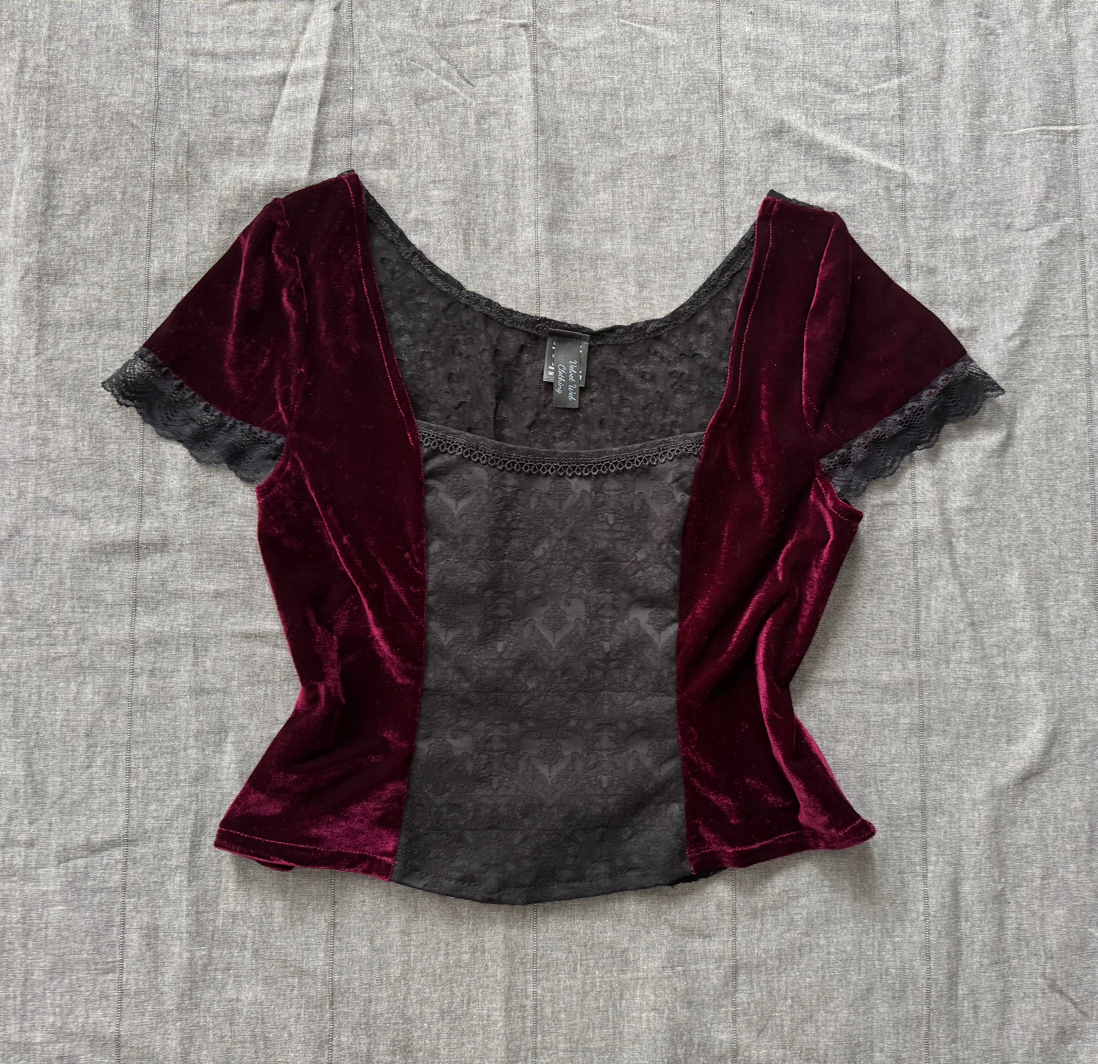 Lilith Top - Burgundy Velour with Black Brocade (size 14)