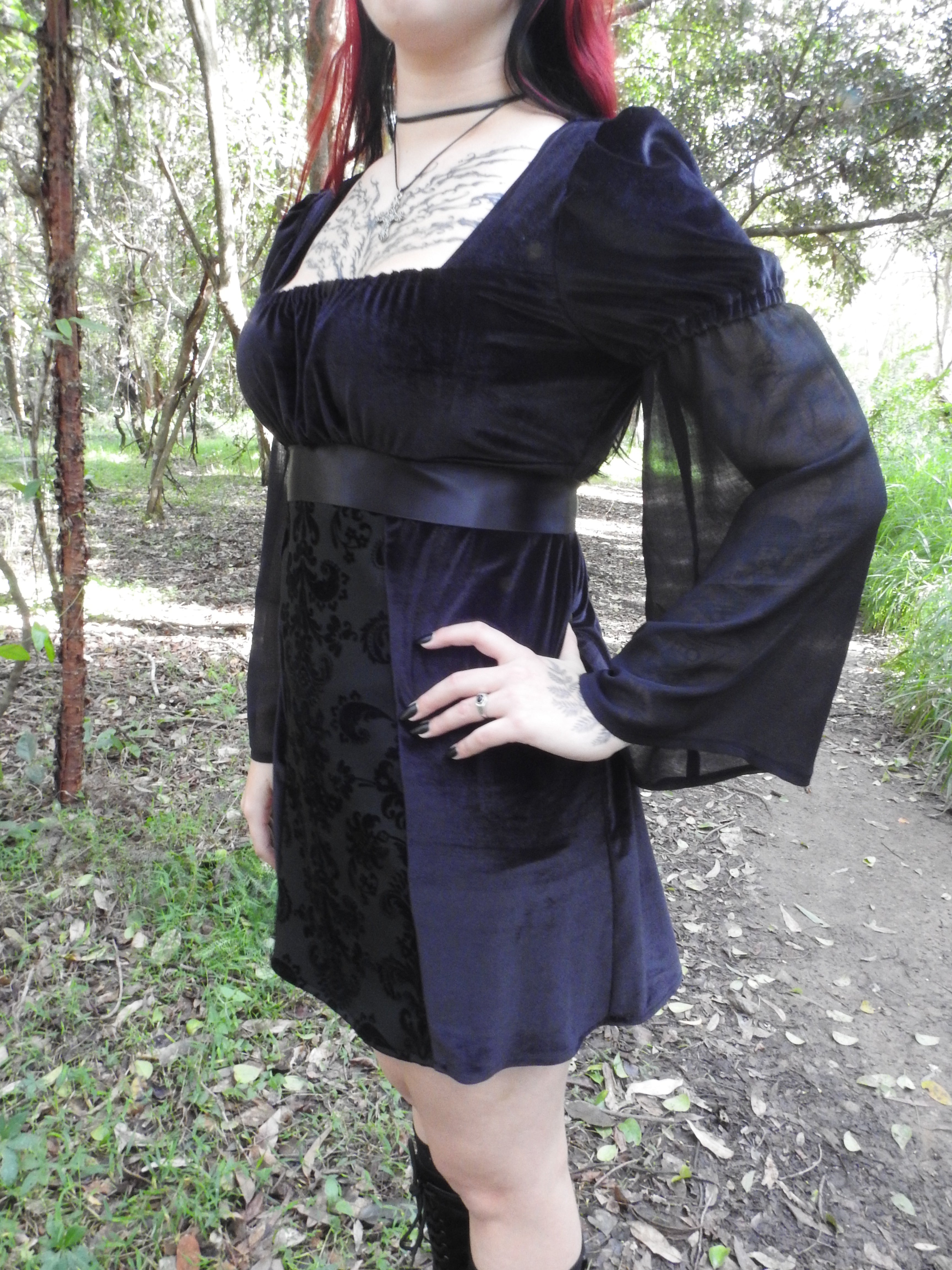 Adeline Dress - Black Velour with Baroque Print Panel (size 16)