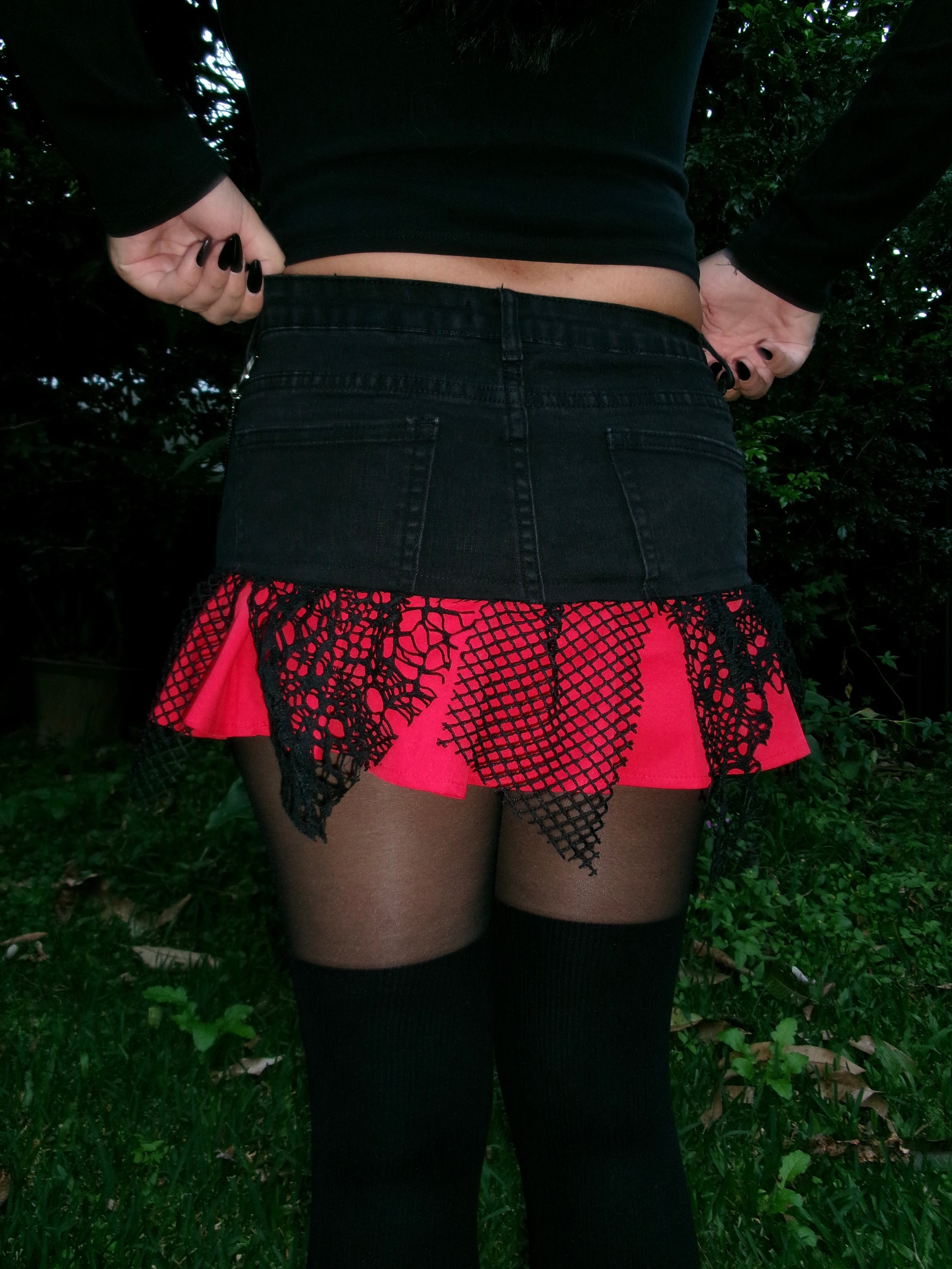 Mini Skirt - Black Denim with Red Frill and Mesh (size 10-12)