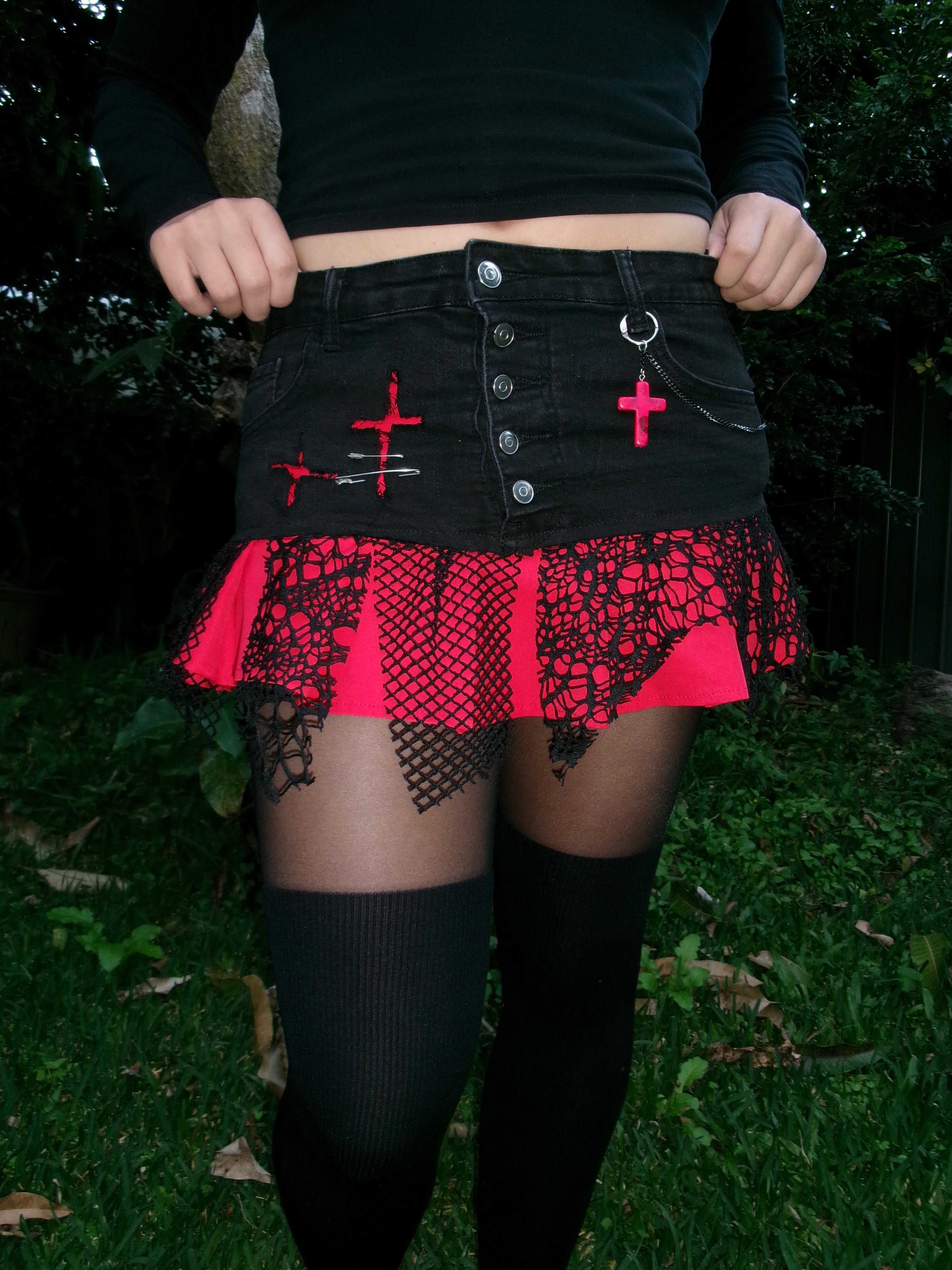 Mini Skirt - Black Denim with Red Frill and Mesh (size 10-12)