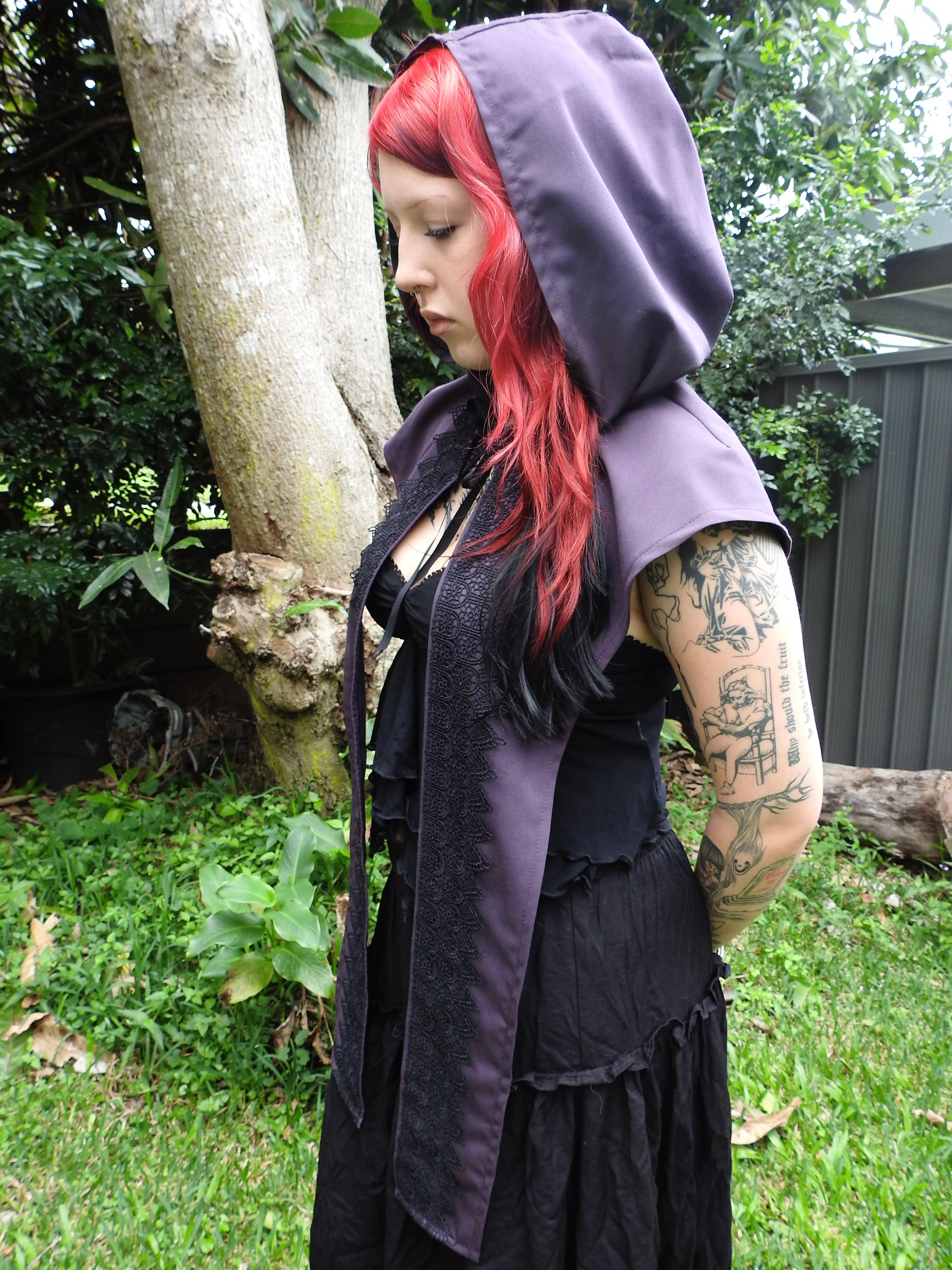 Purple Capelet with Black Lace Trim