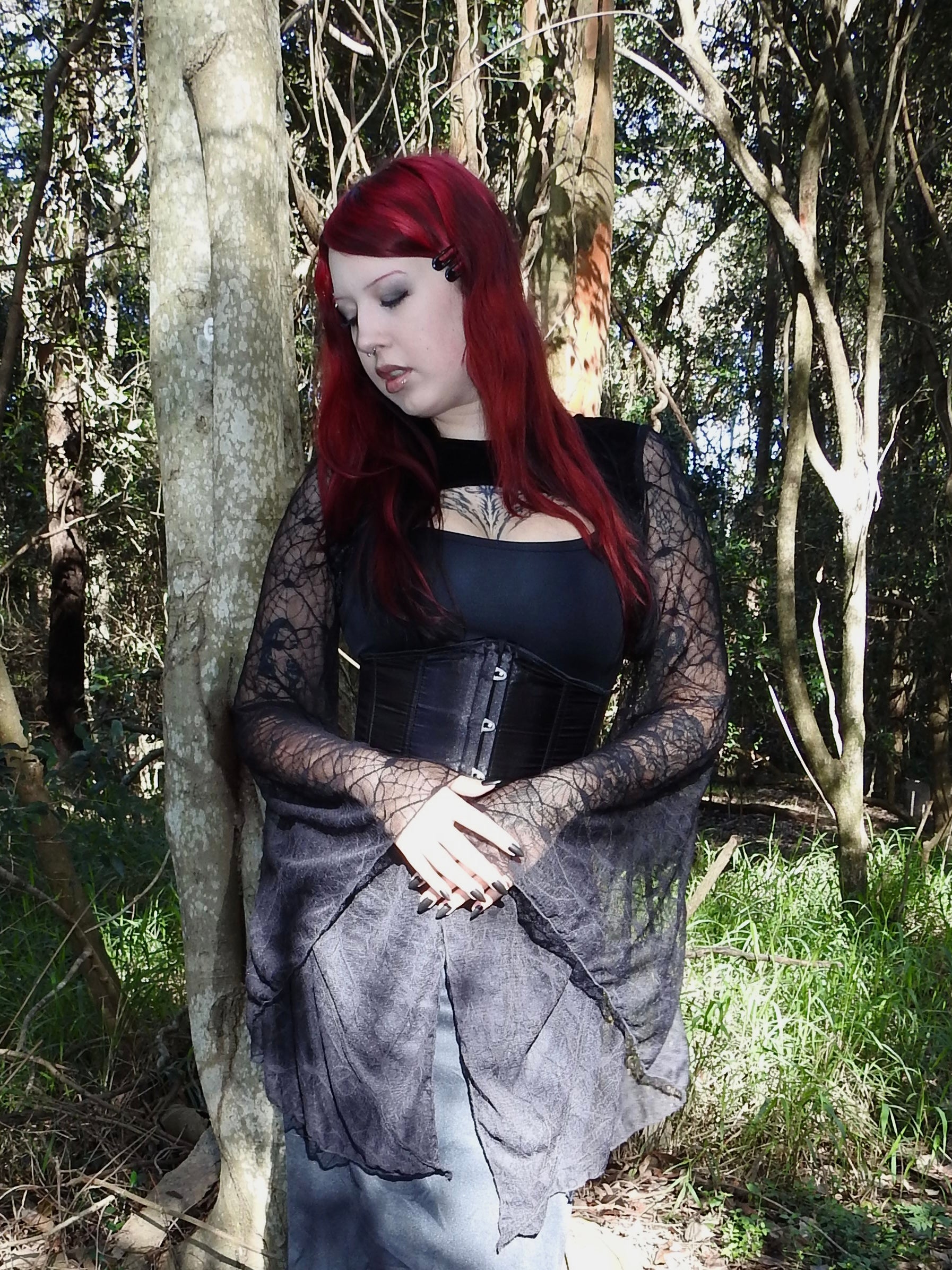 Lucinda Bolero Top - Black Velour with Spiderweb Sleeves (M)