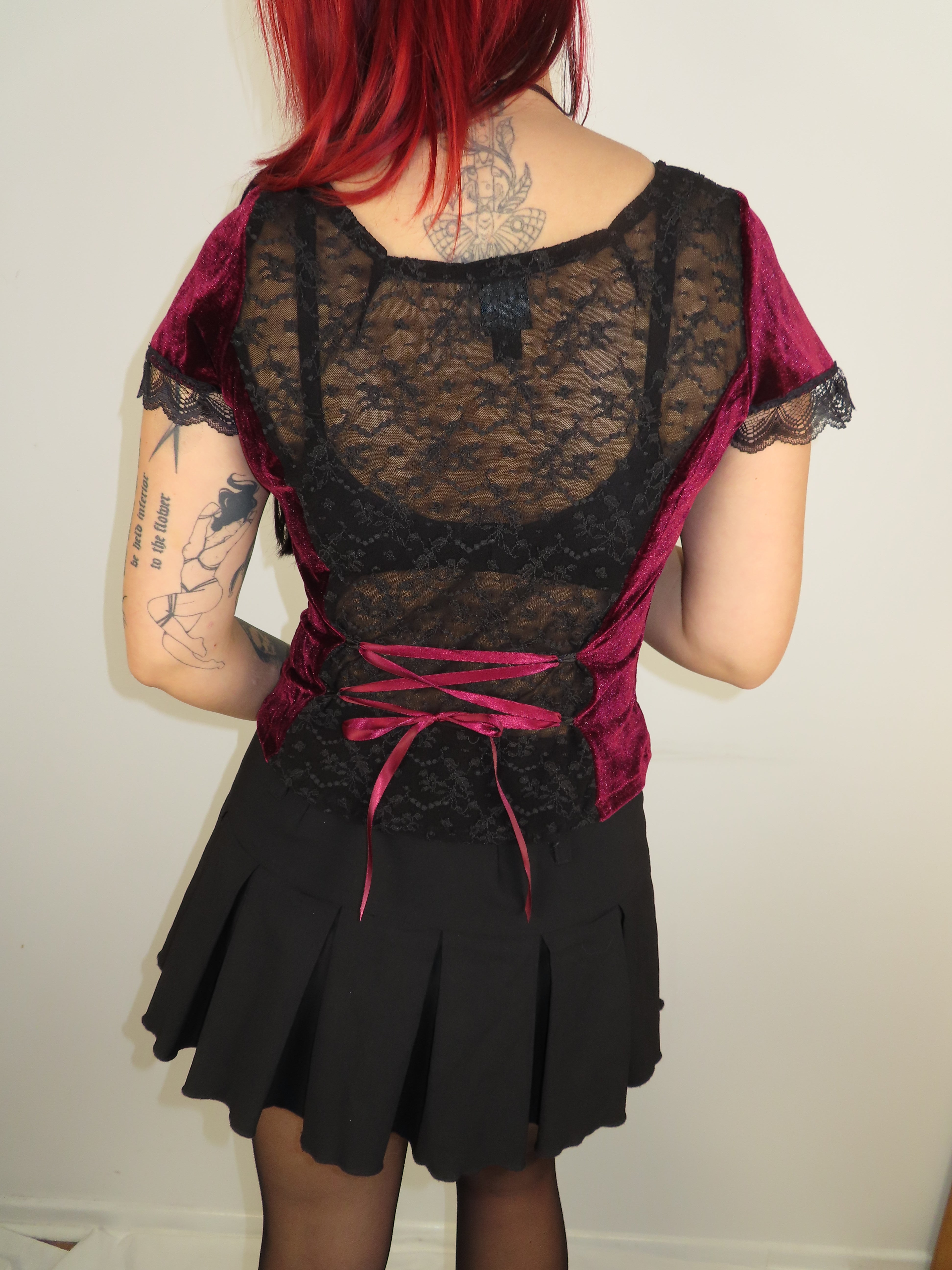 Lilith Top - Burgundy Velour with Black Brocade (size 14)