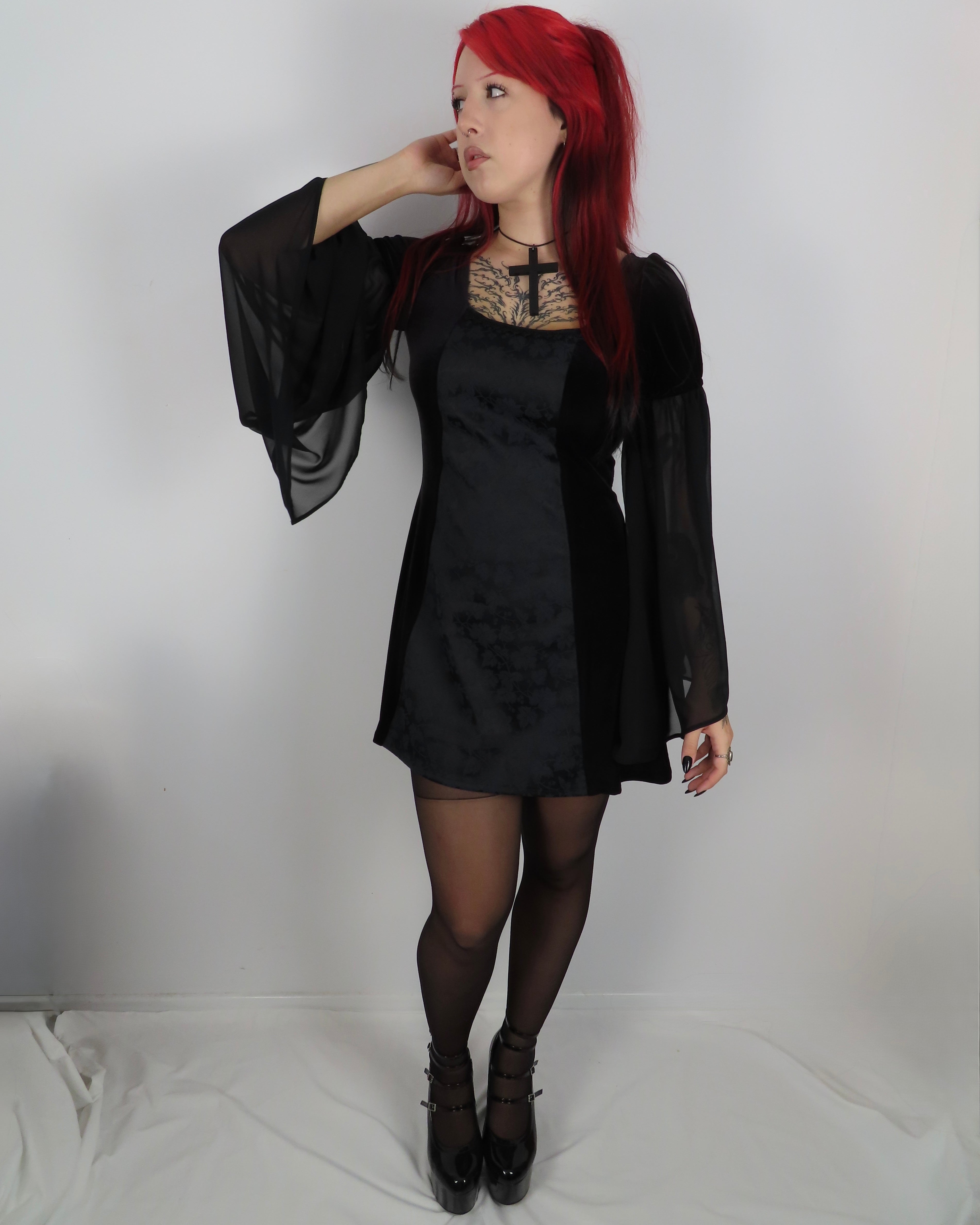 Cordelia Dress - Black Velour with Satin Brocade (Size 12)