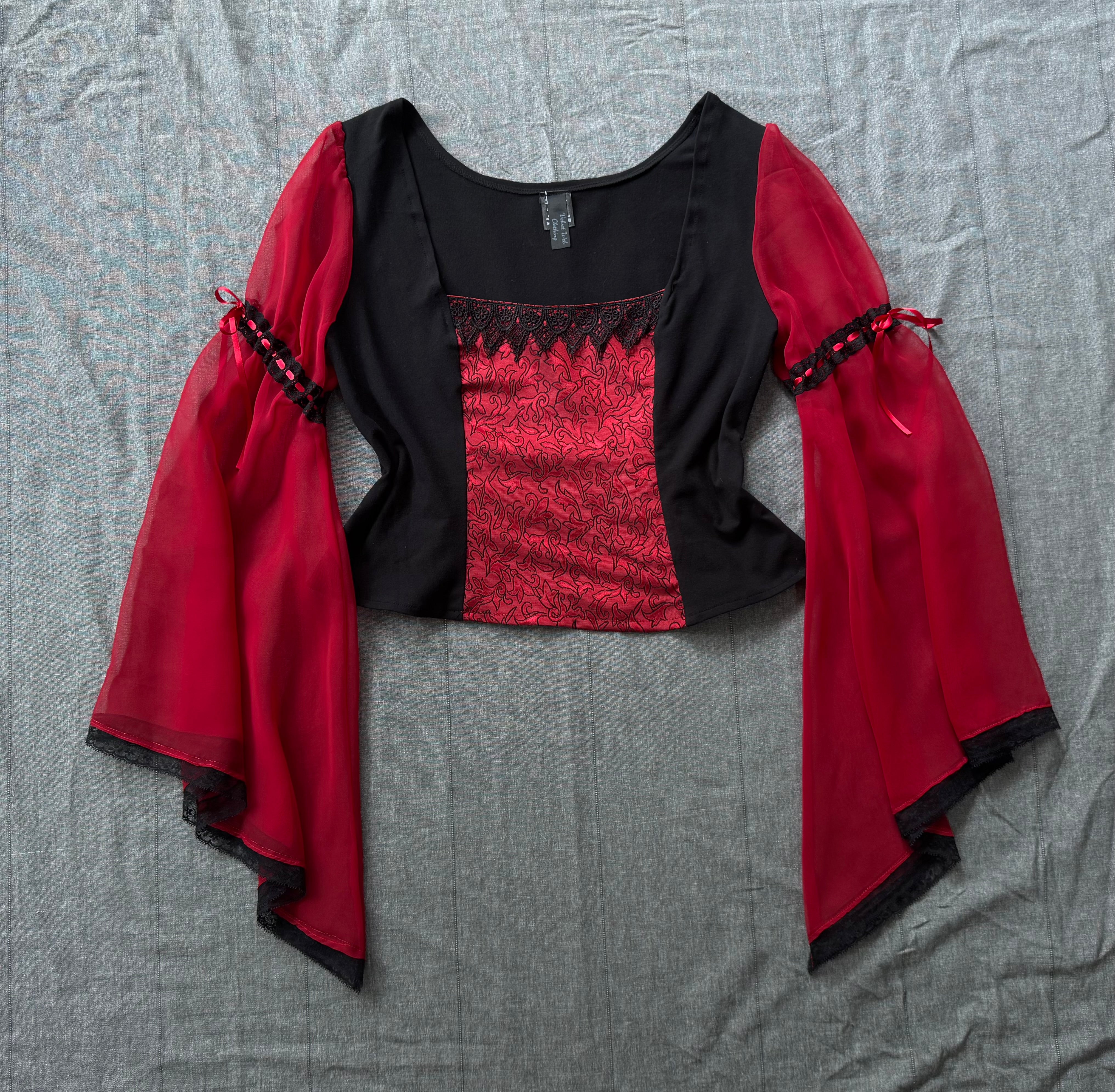 Lilith Top - Black with Red Brocade and Bell Sleeve (Size 16-18)
