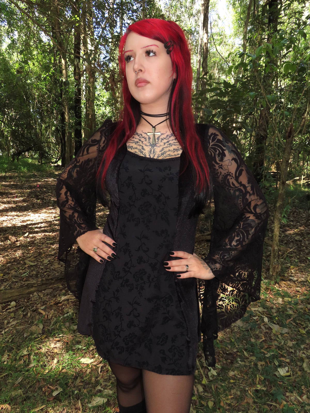Cordelia Dress - Black Velour with Lace Bell Sleeves (Size 14)