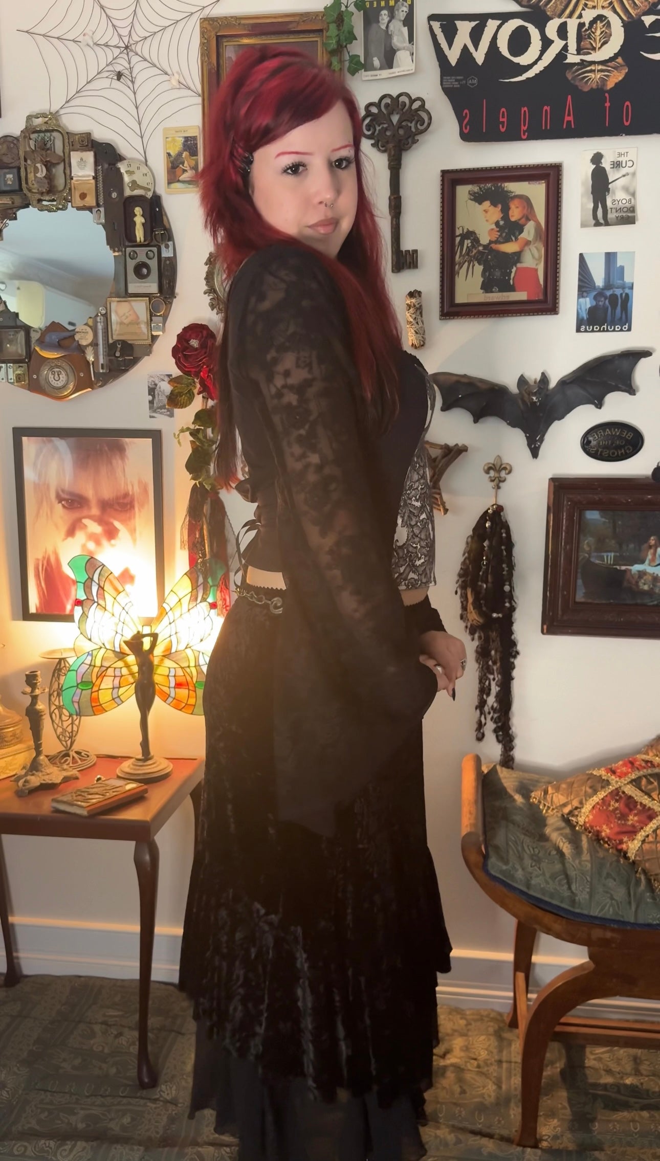 Lilith top - Black with Lace Bell Sleeves (Size 14-16)