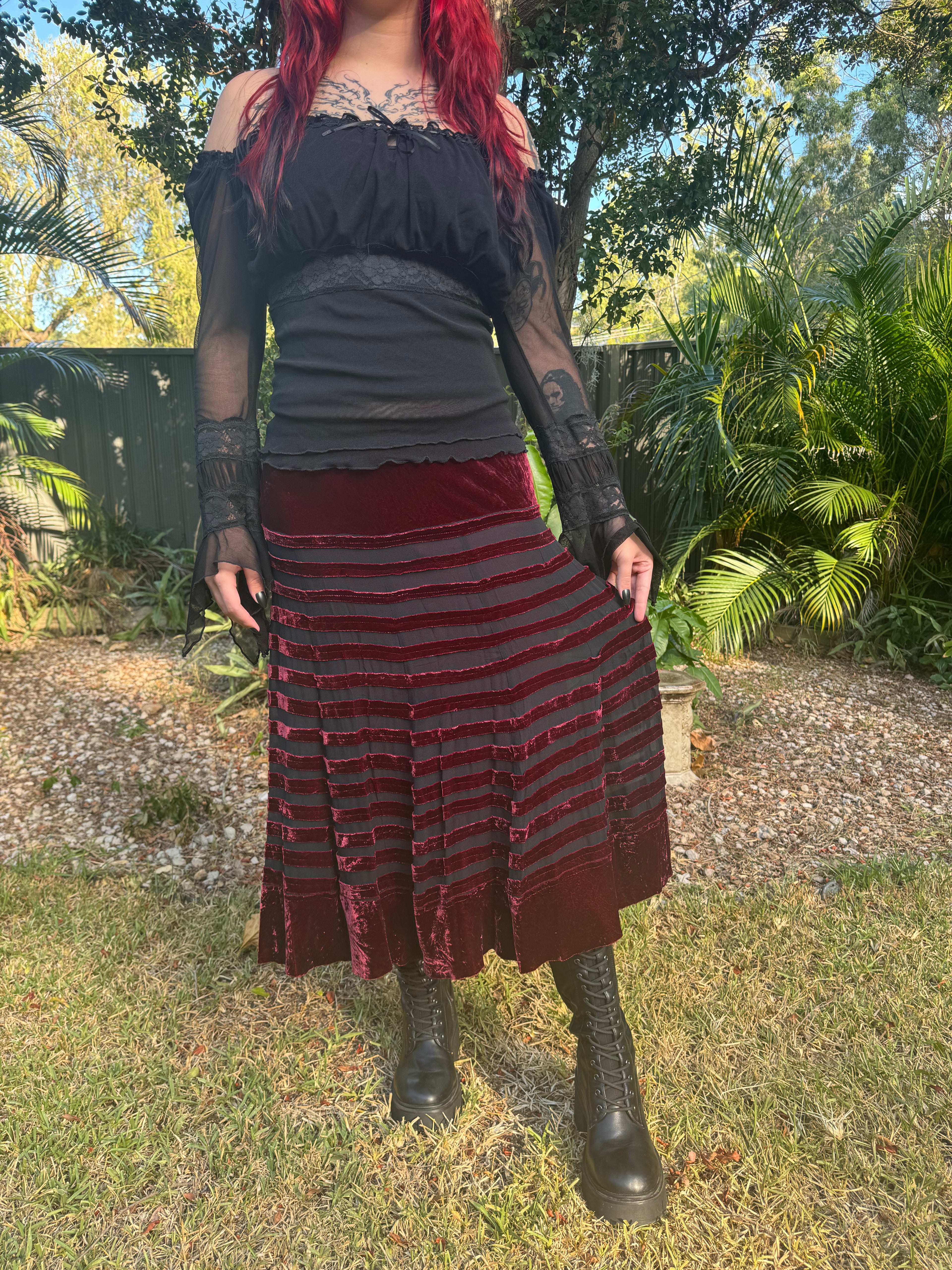 Vintage Dark Red Velvet Stripe Skirt (size 12)