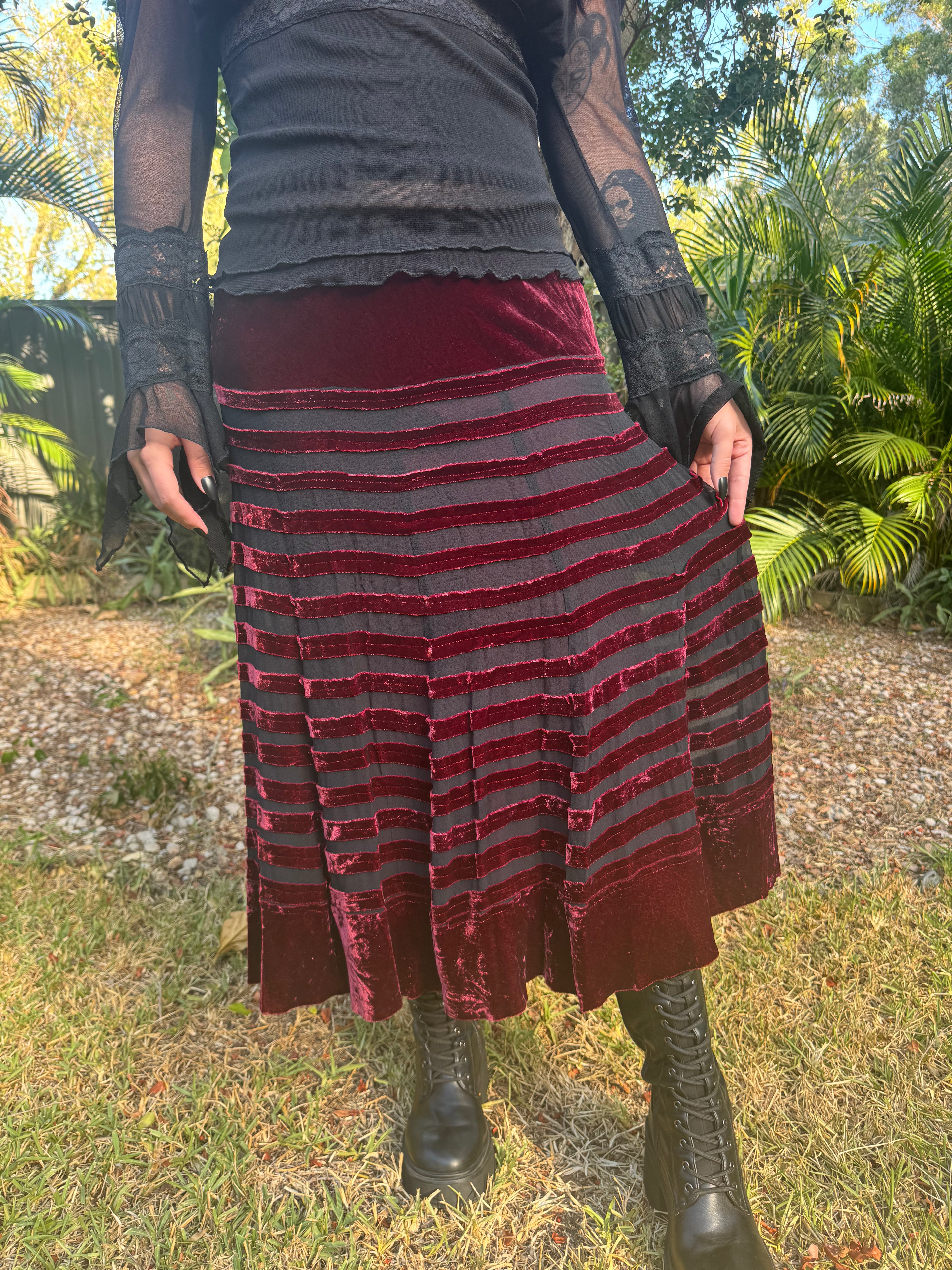 Vintage Dark Red Velvet Stripe Skirt (size 12)