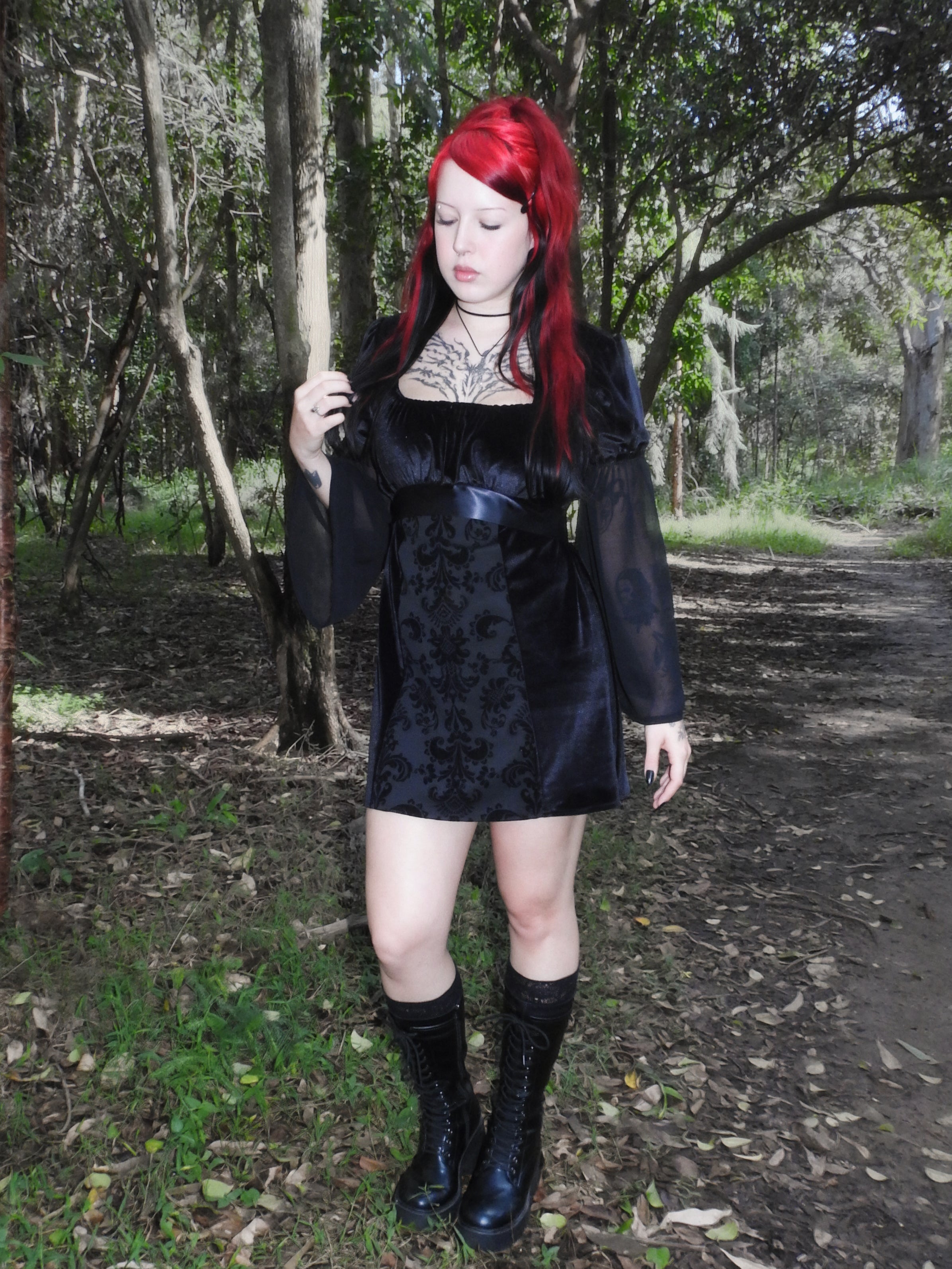 Adeline Dress - Black Velour with Baroque Print Panel (size 16)