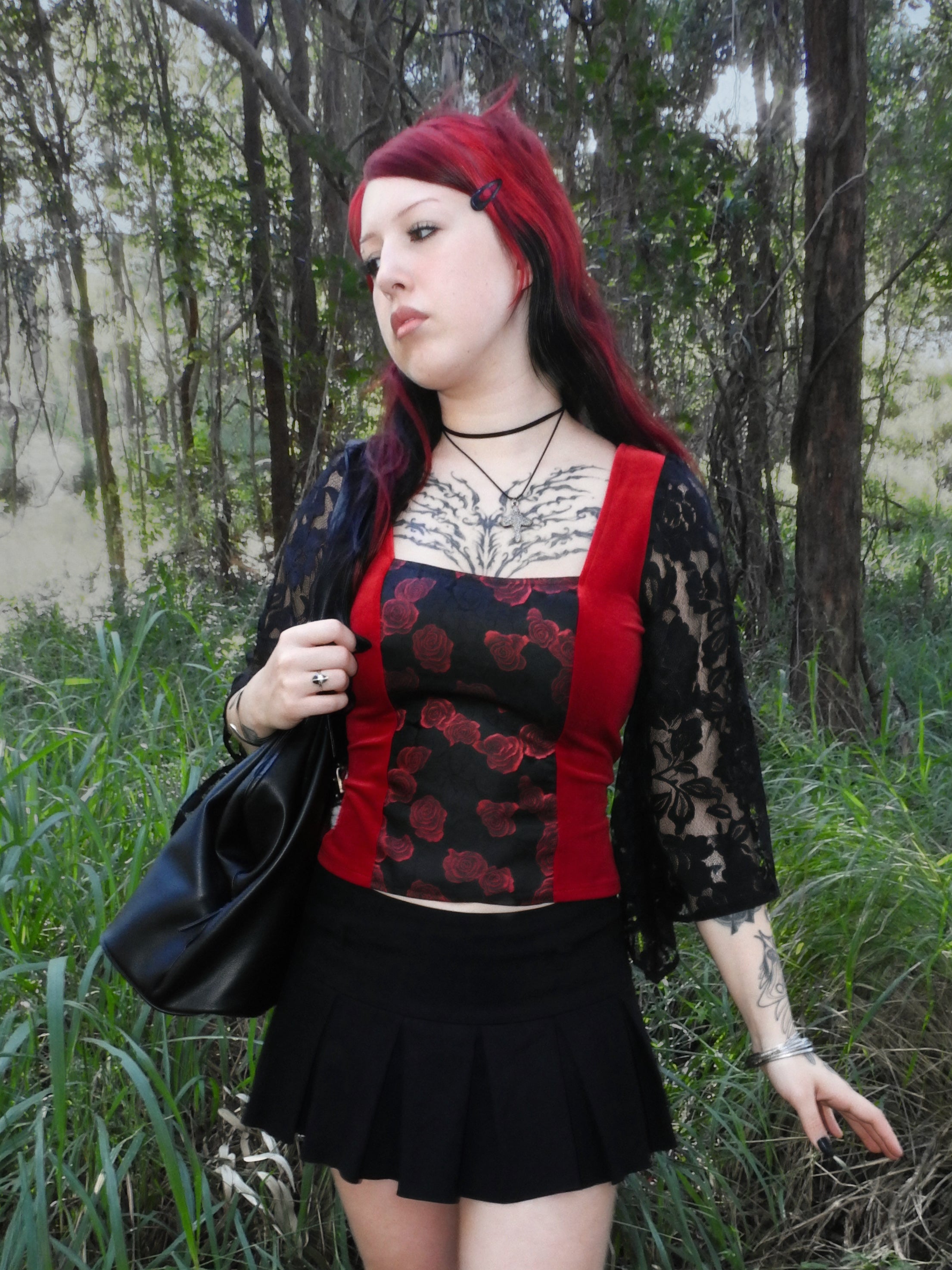 Lilith Top - Dark Red Velour with Black Lace Sleeves (size 12)