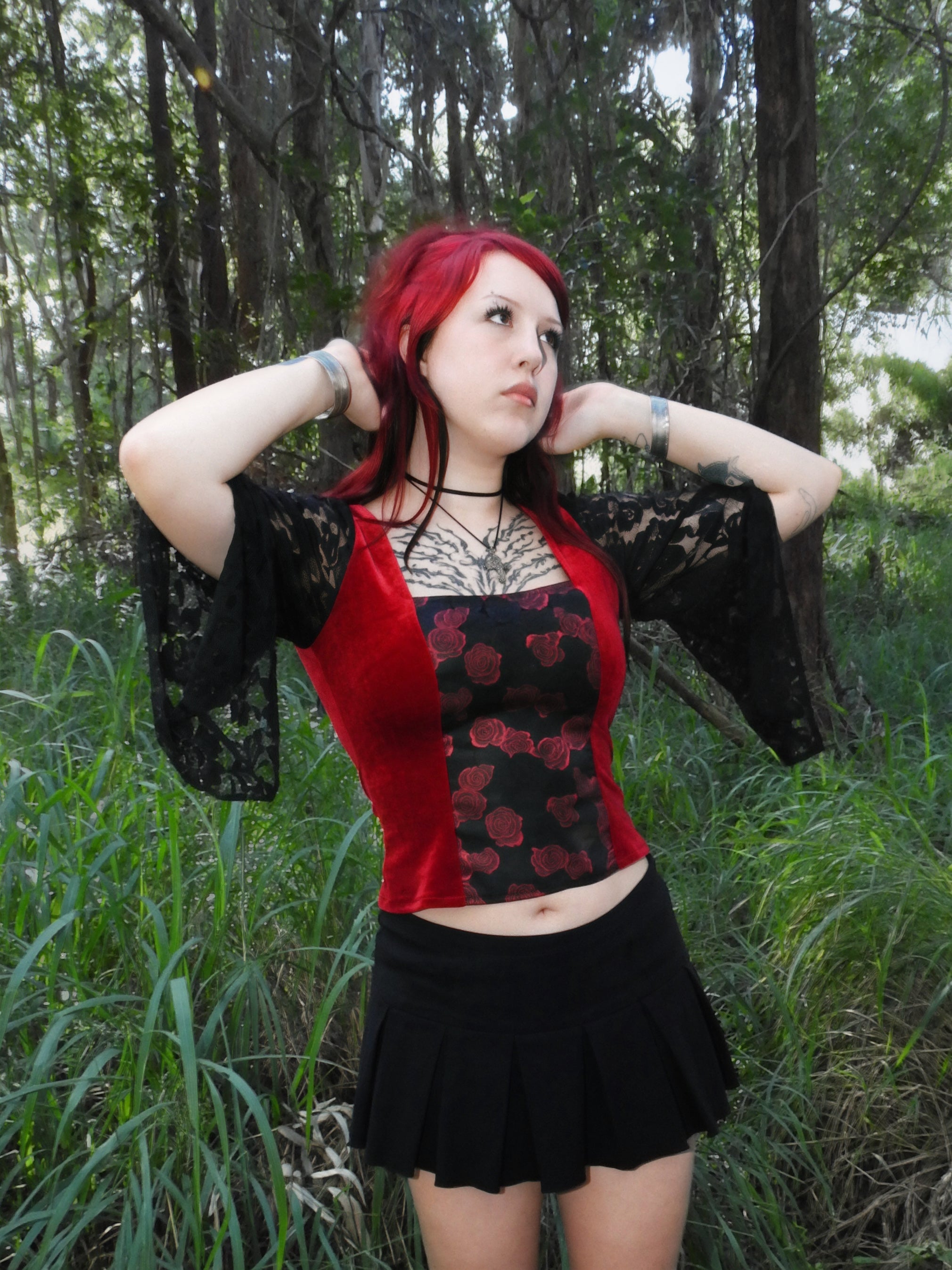 Lilith Top - Dark Red Velour with Black Lace Sleeves (size 12)