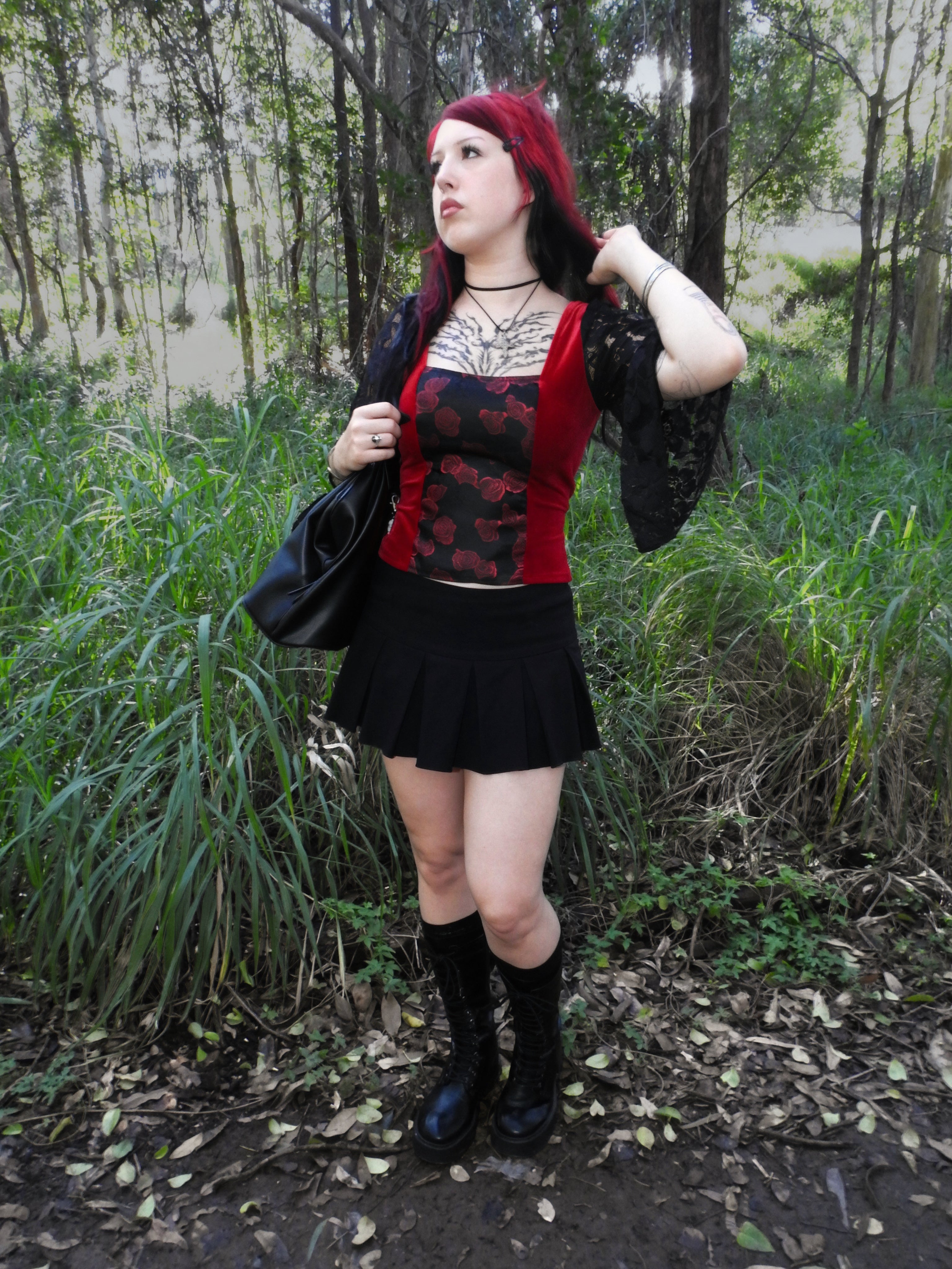 Lilith Top - Dark Red Velour with Black Lace Sleeves (size 12)