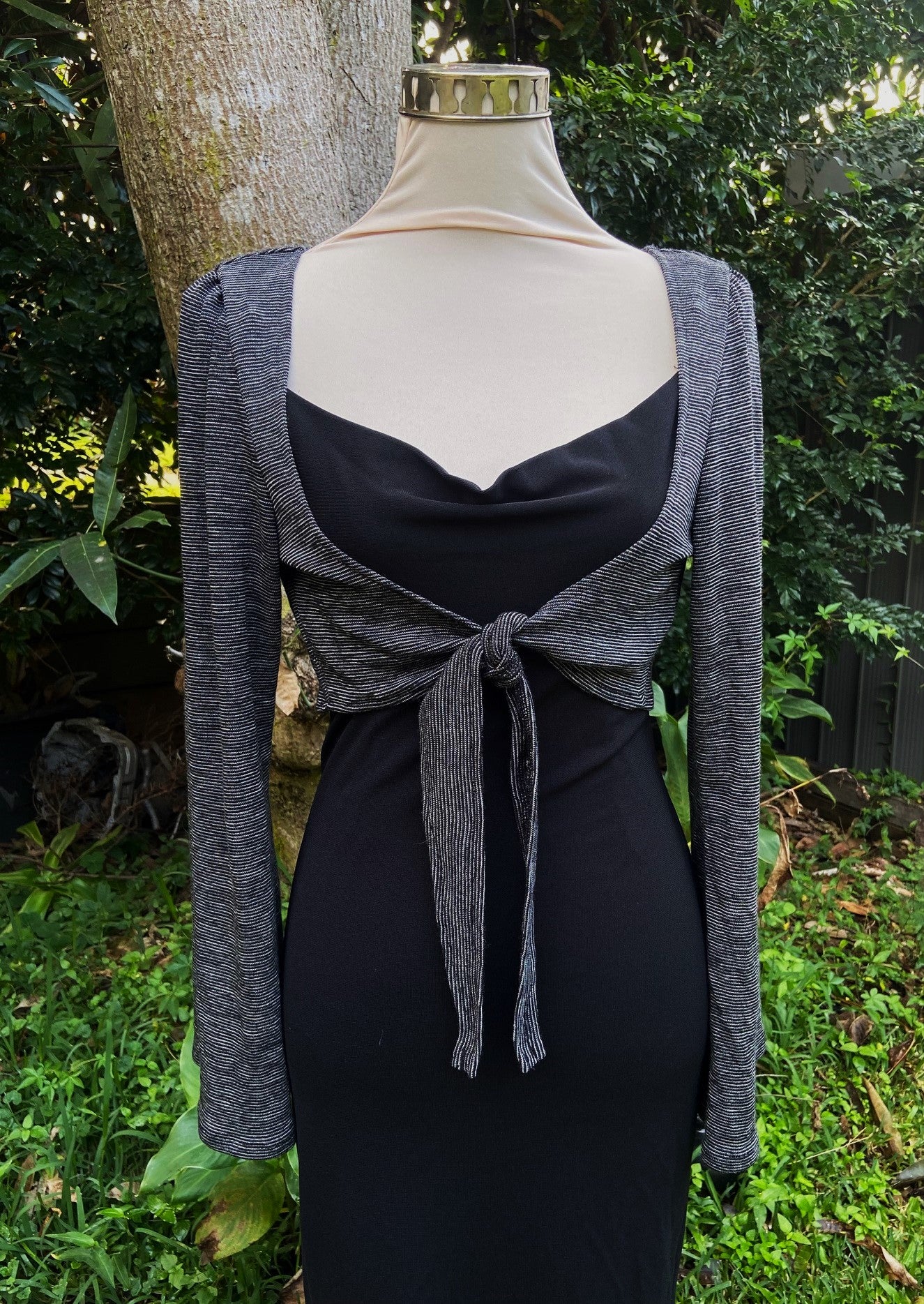Emily Tie-Front Top - Black/Grey Stripe (Size 16)
