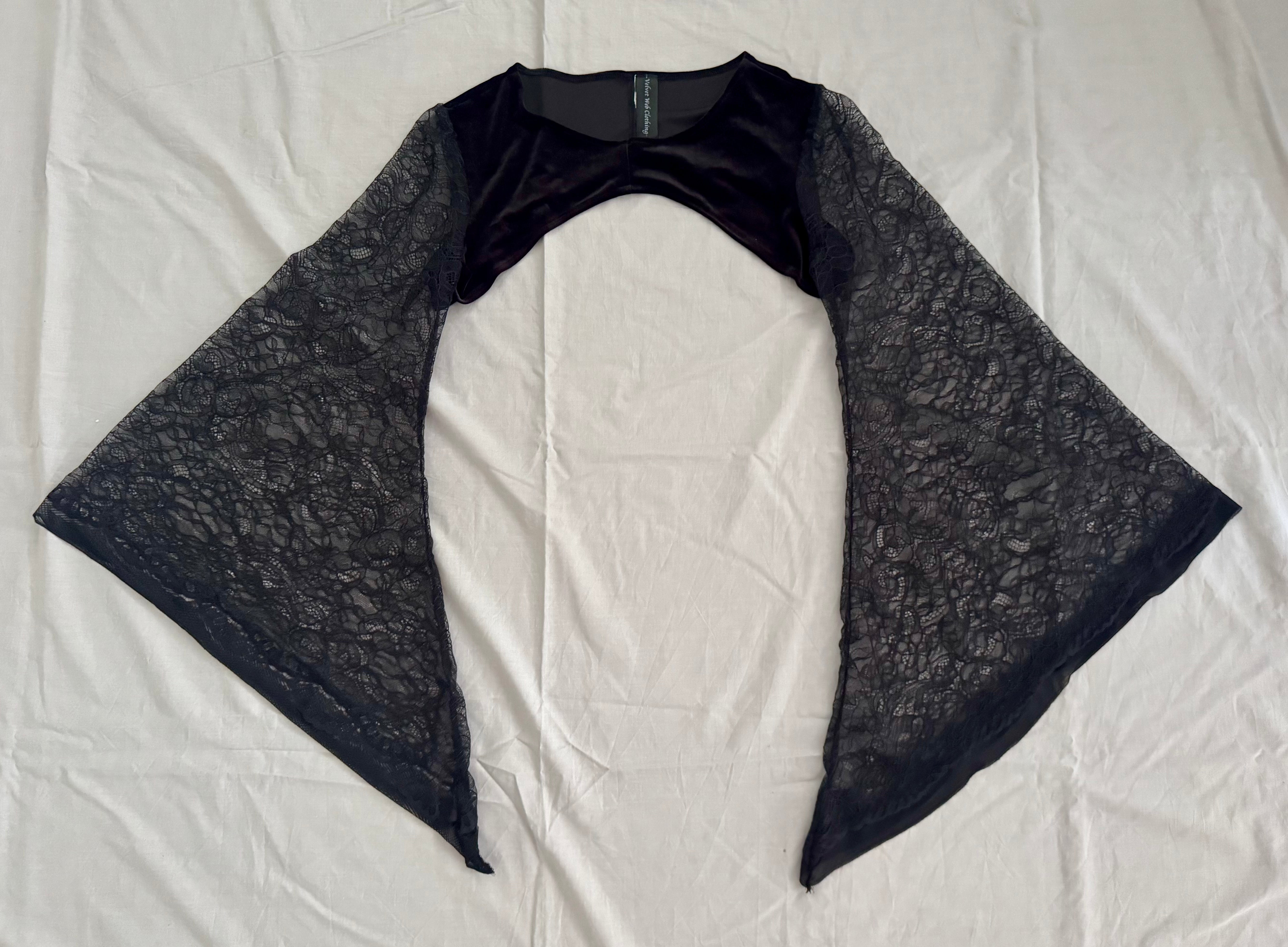 Lucinda Bolero Top - Black Velour with Lace Sleeves (XL)