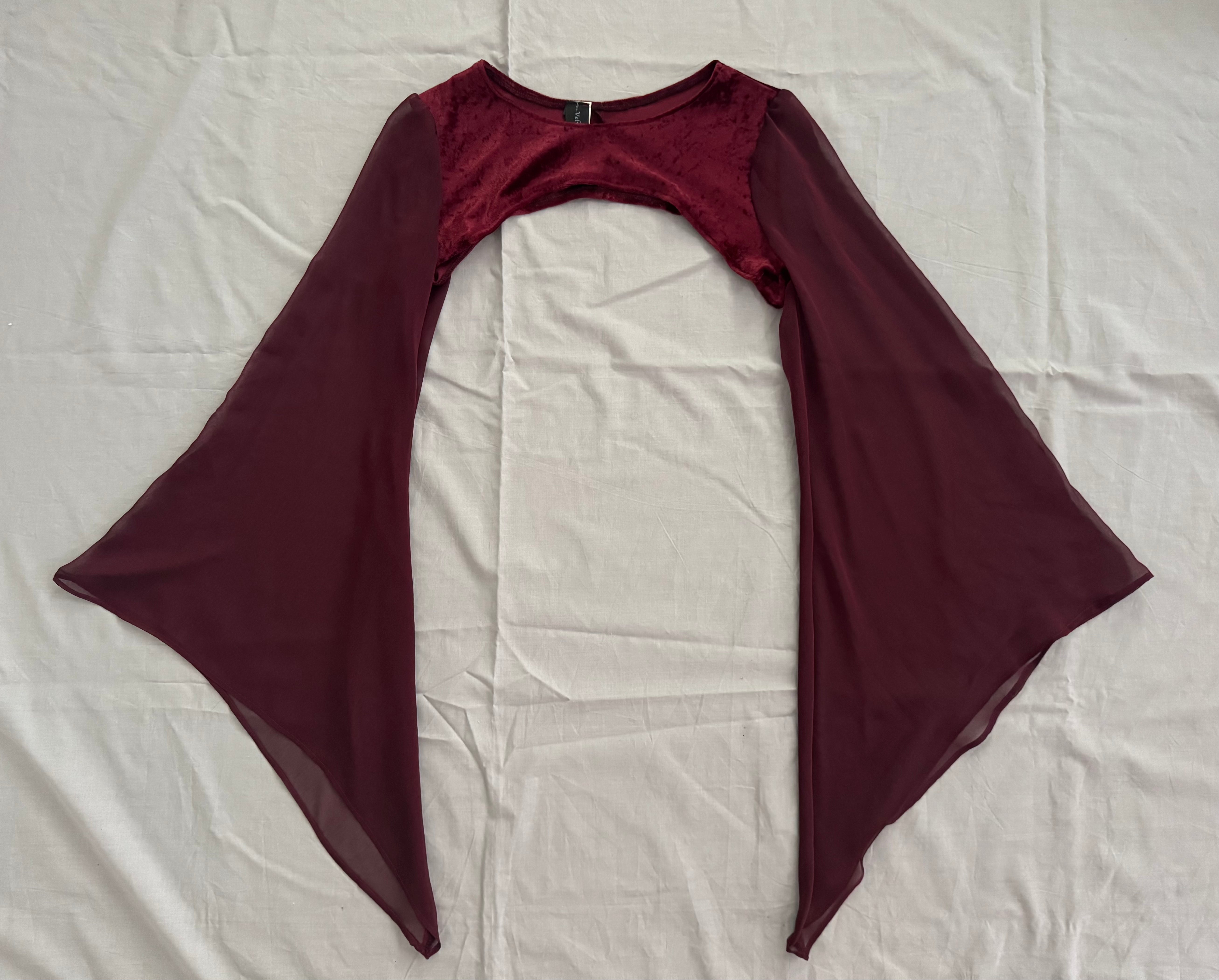 Lucinda Bolero Top - Burgundy Velour with Sheer Sleeves (M-L)