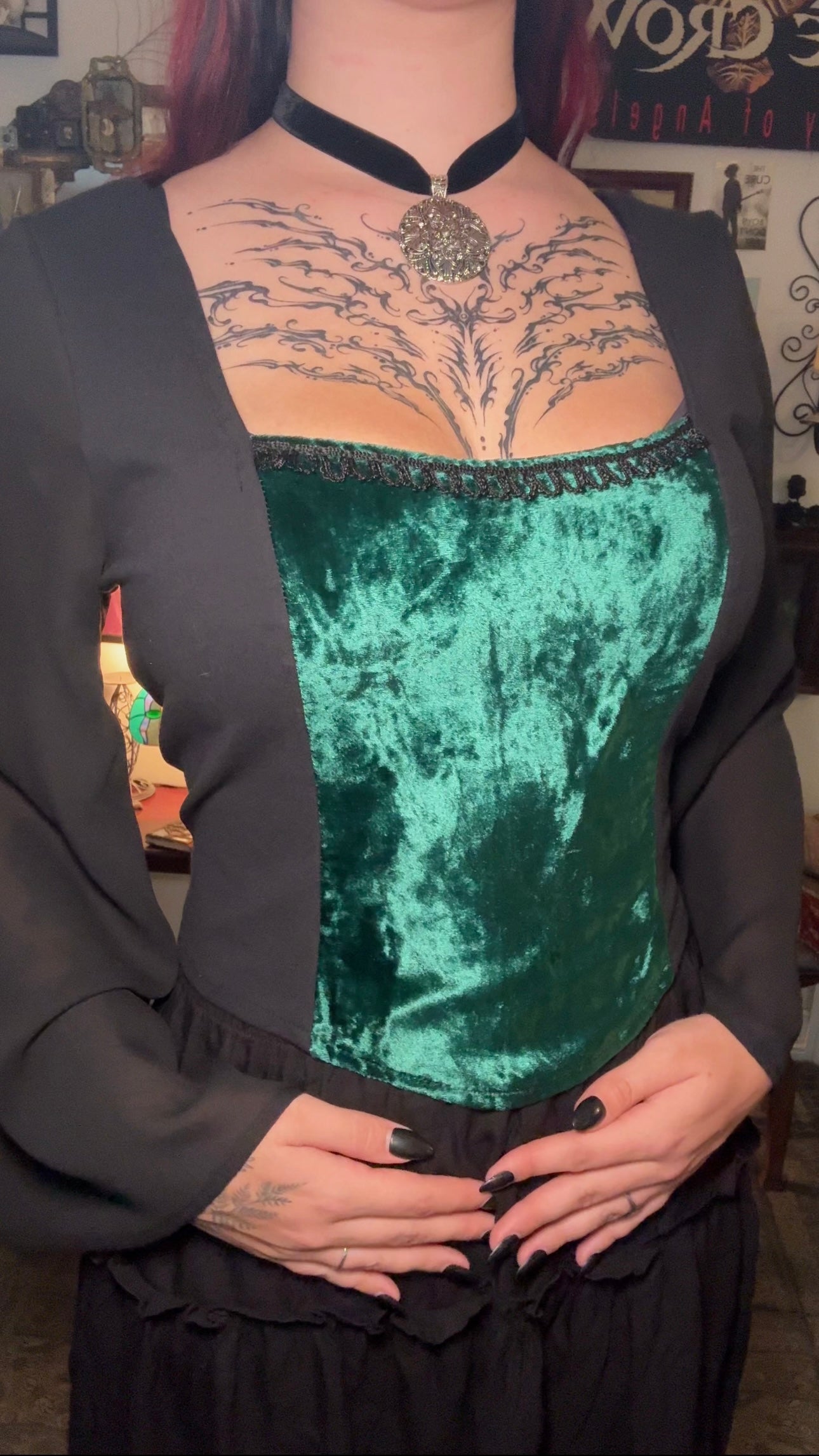 Lilith top - Black with Green Velvet (16-18)