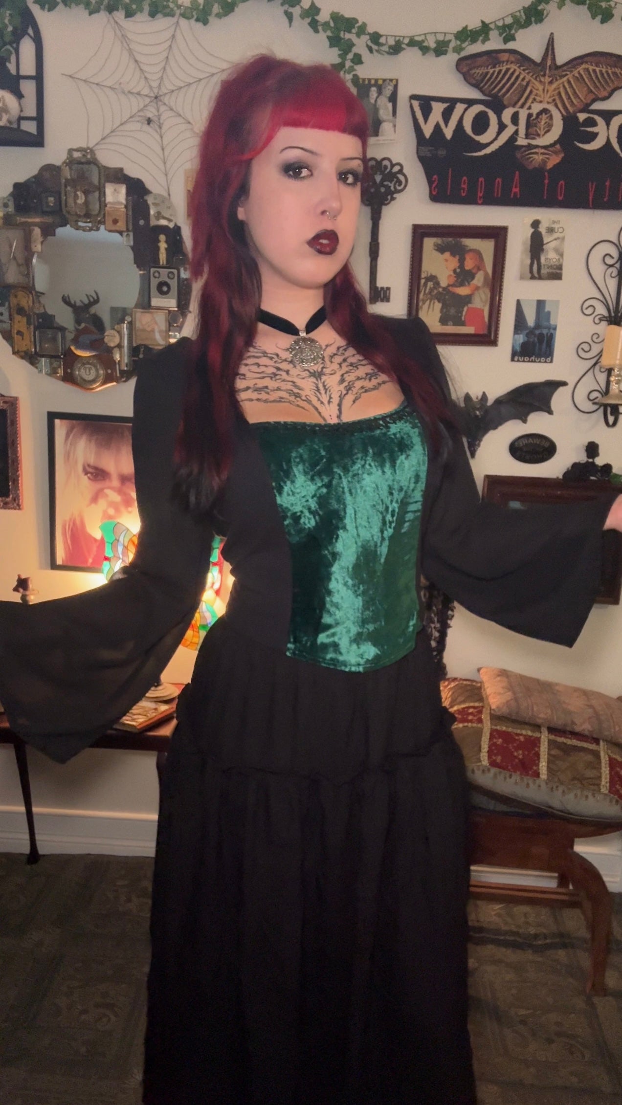 Lilith top - Black with Green Velvet (16-18)