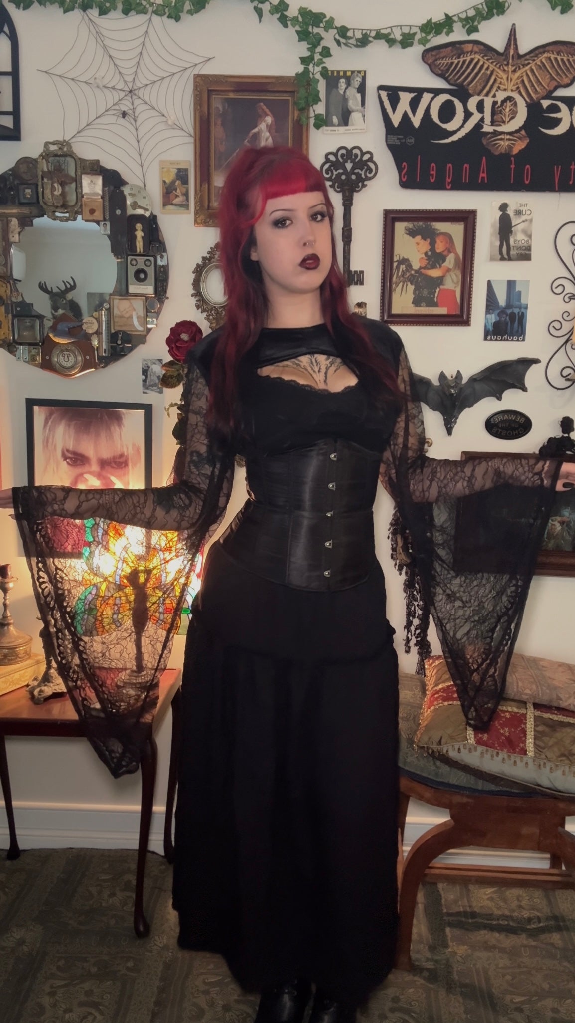 Lucinda Bolero Top - Black Velour with Lace Sleeves (XL)