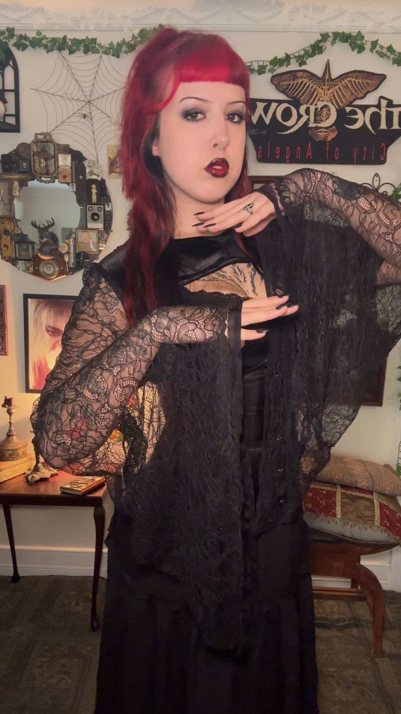 Lucinda Bolero Top - Black Velour with Lace Sleeves (XL)