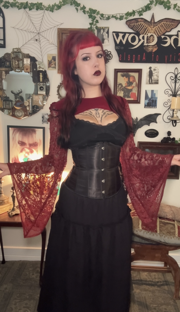 Lucinda Bolero Top - Blood Red Velour with Lace Sleeves (M-L)