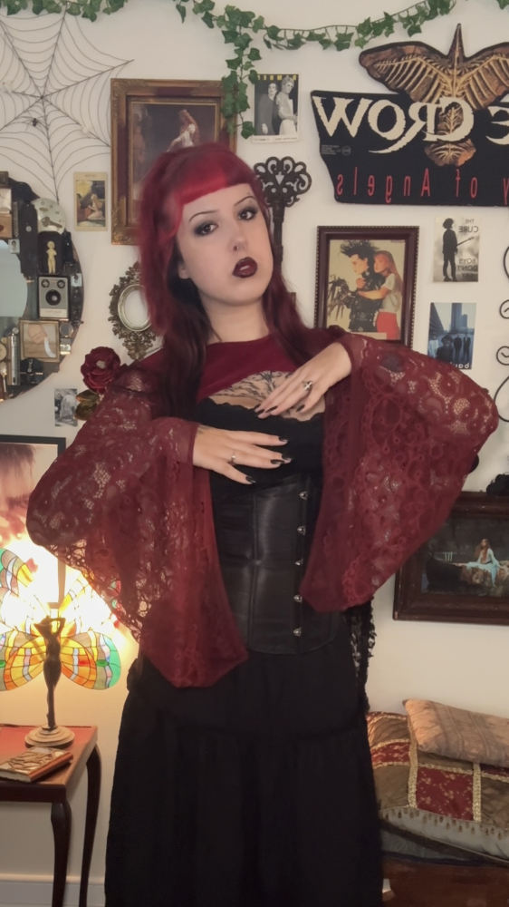 Lucinda Bolero Top - Blood Red Velour with Lace Sleeves (M-L)