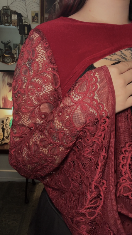 Lucinda Bolero Top - Blood Red Velour with Lace Sleeves (M-L)