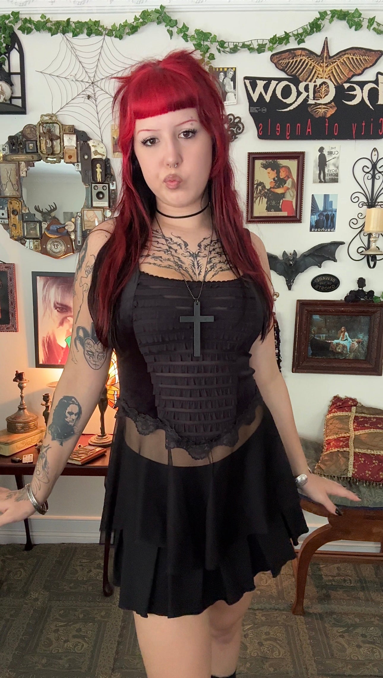 Lilith top - Black with Long Mesh Peplum (Size 10-12)
